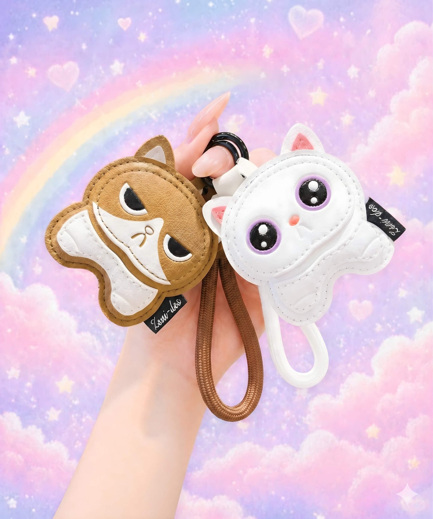 CHARMAZING Cute Kitty PU leather bag charm keychains in brown and white, held against a pastel rainbow background.