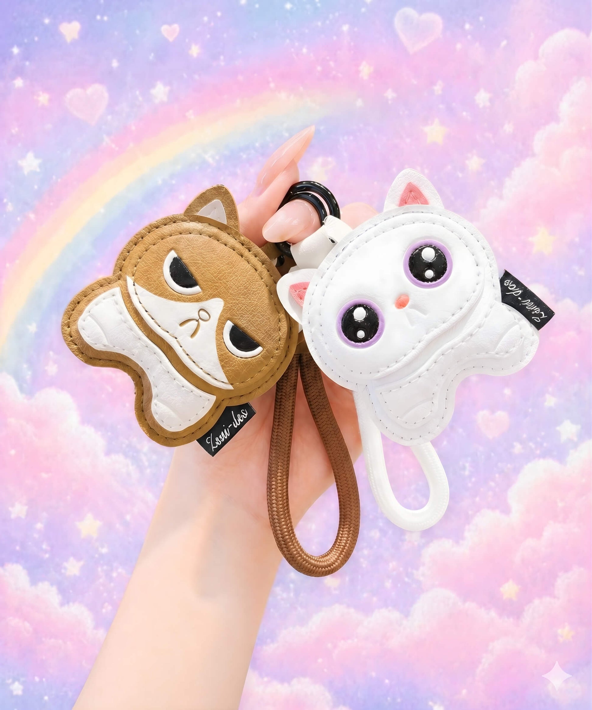CHARMAZING Cute Kitty PU leather bag charm keychains in brown and white, held against a pastel rainbow background.