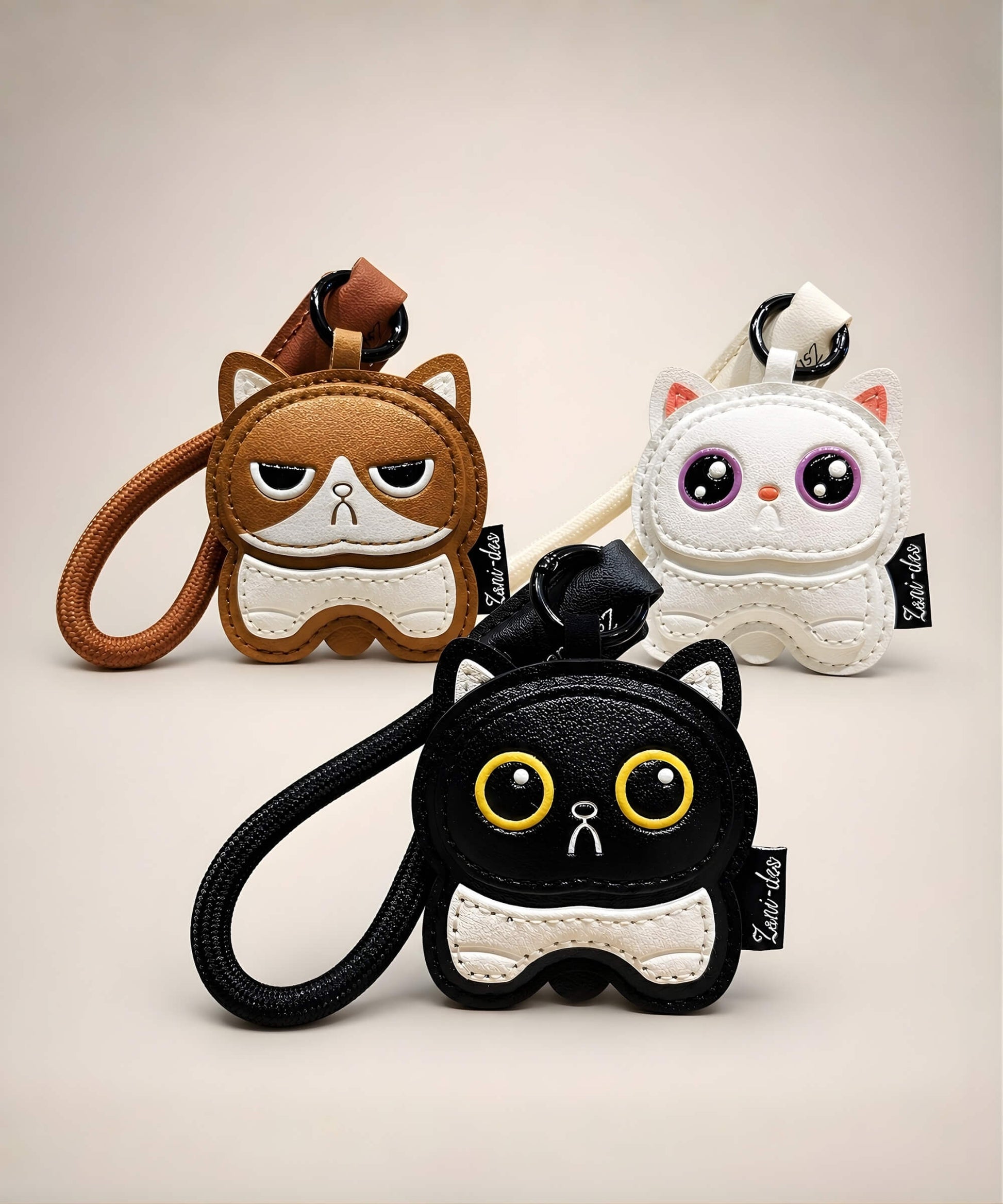 Cute Kitty faux leather bag charm keychains in brown, white and black on a clean studio background.
