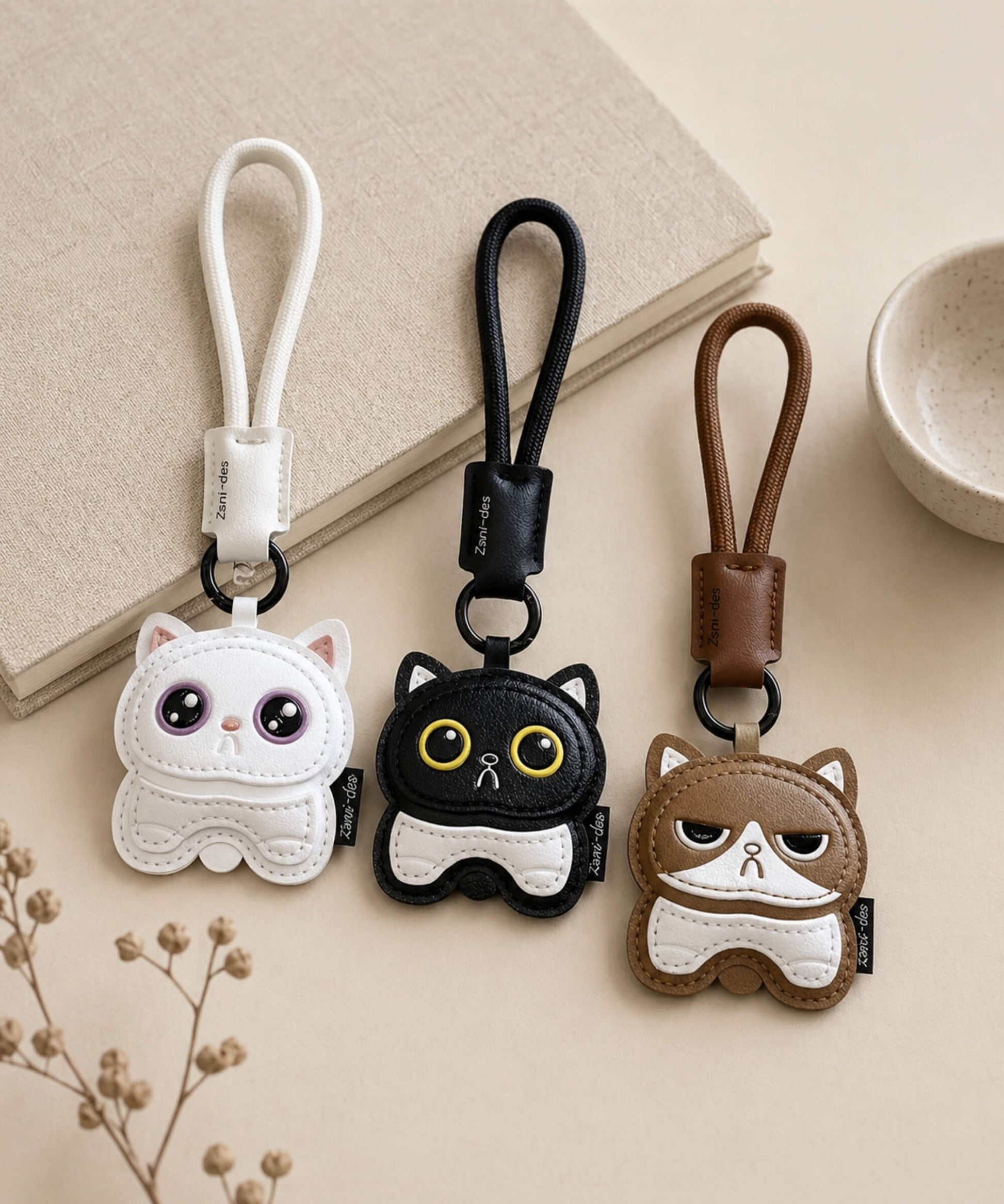 Cute Kitty faux leather bag charms in white, black and brown styled on a soft neutral flatlay.