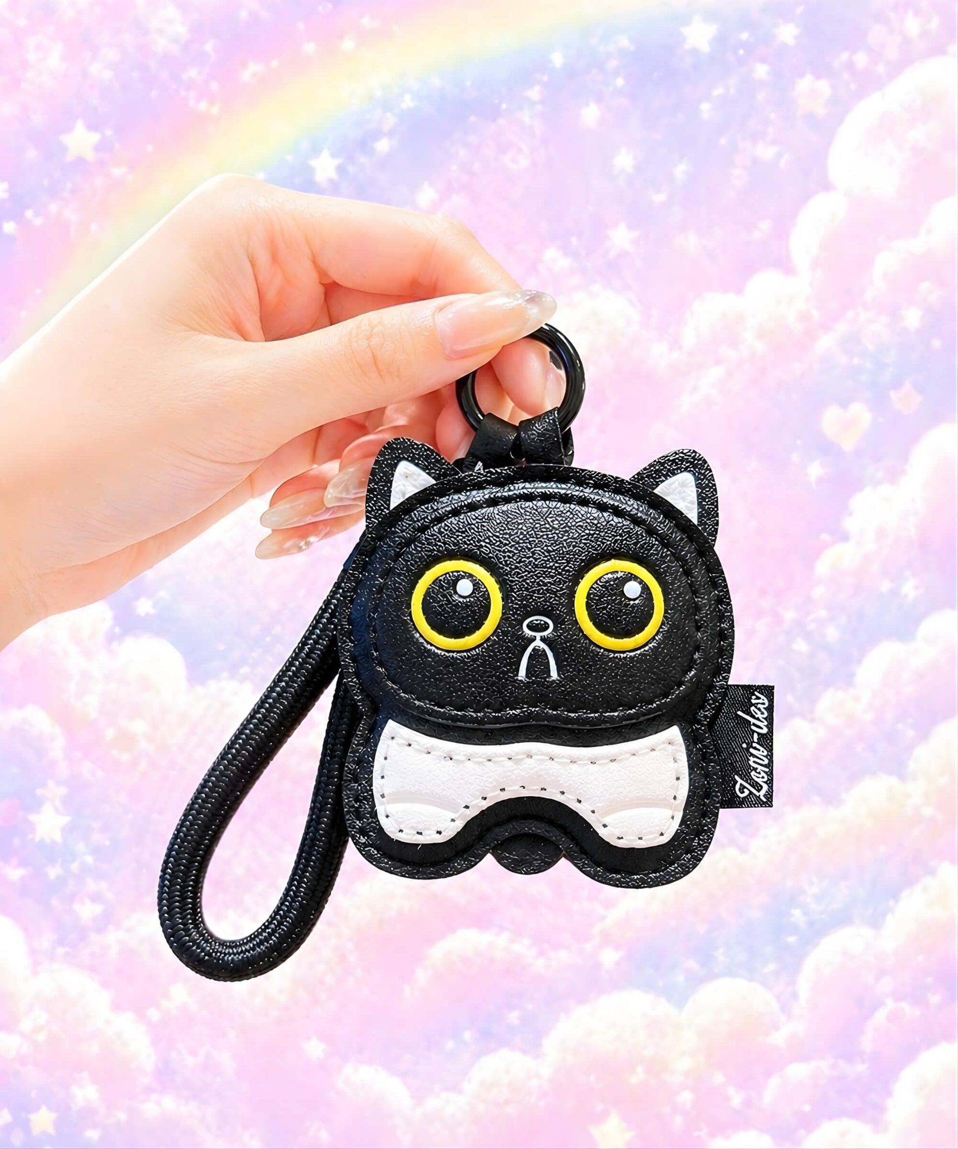 Cute Kitty PU leather keychain in black held against a pastel rainbow cloud background.