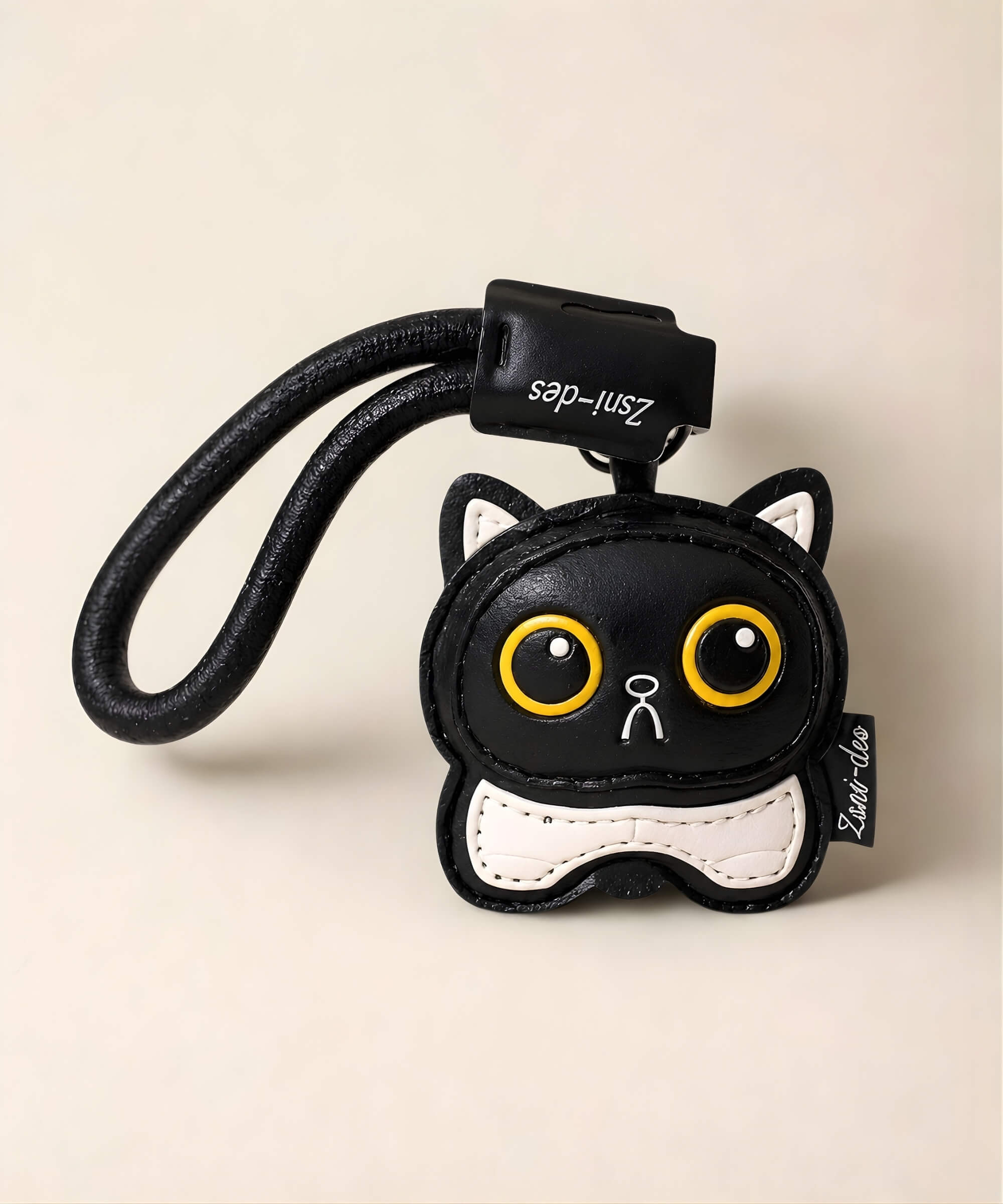 Cute Kitty PU leather keychain in black with yellow eyes and wrist strap on a neutral studio background.