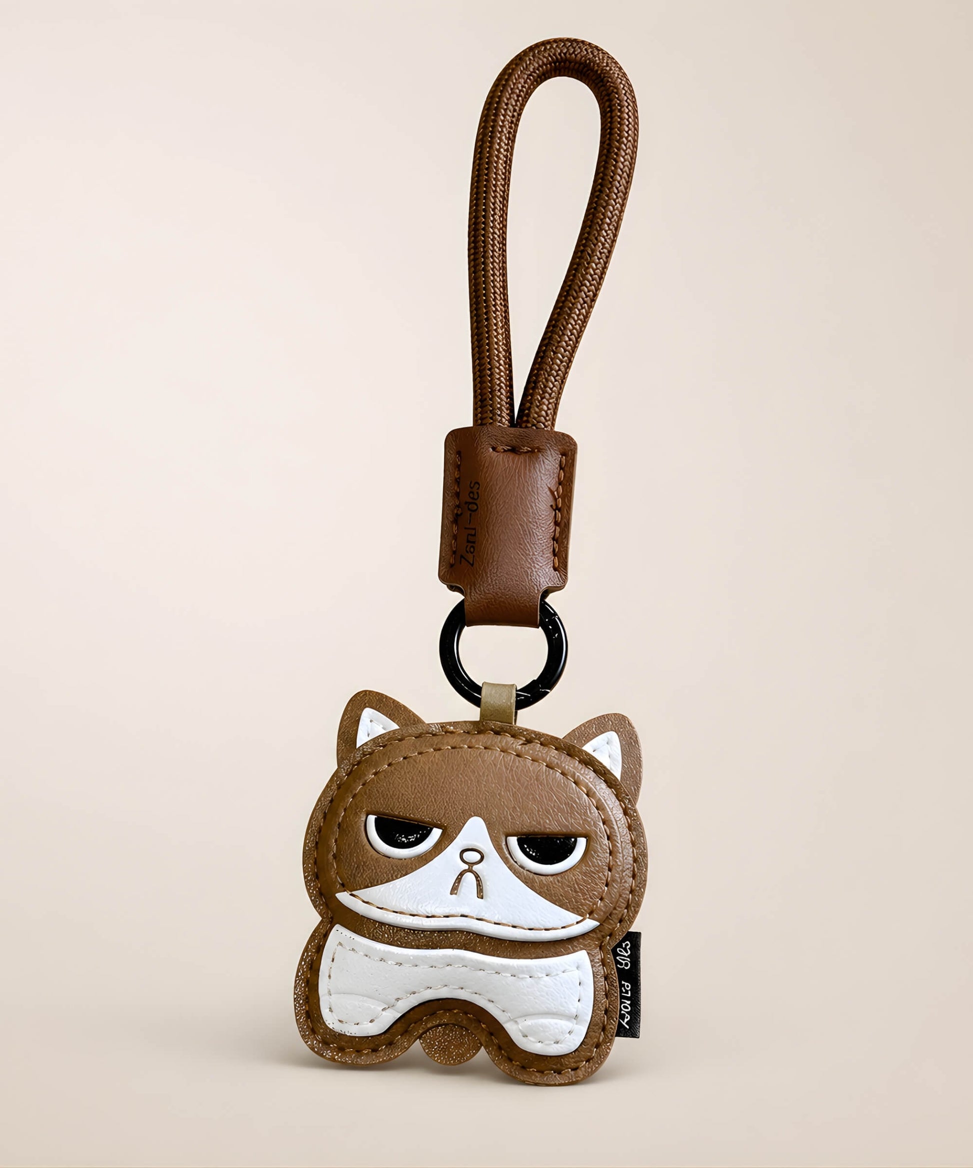 Cute Kitty PU leather keychain in brown with wrist strap on a soft neutral background.