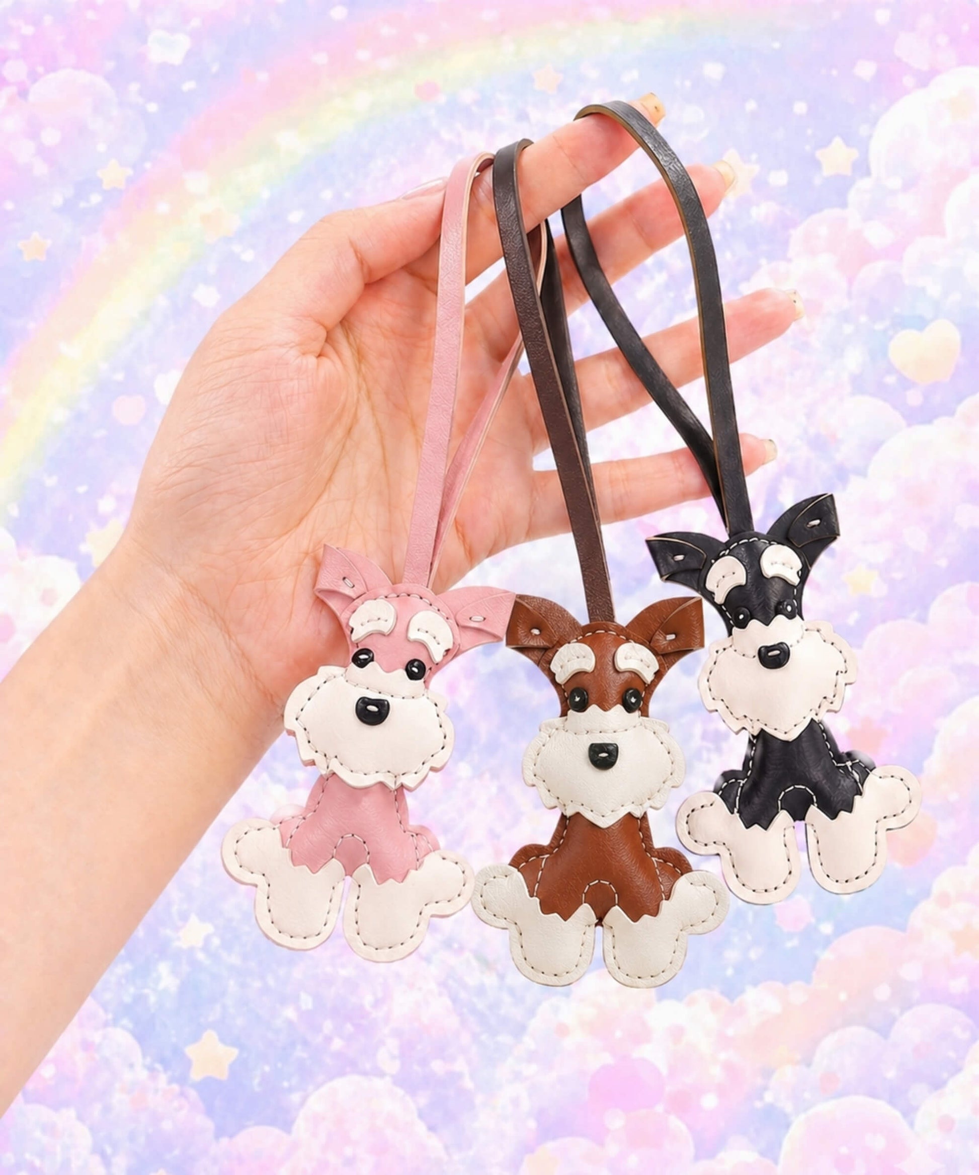 CHARMAZING Cute Schnauzer PU leather bag charm keychains in pink, brown and black held against a pastel rainbow background.
