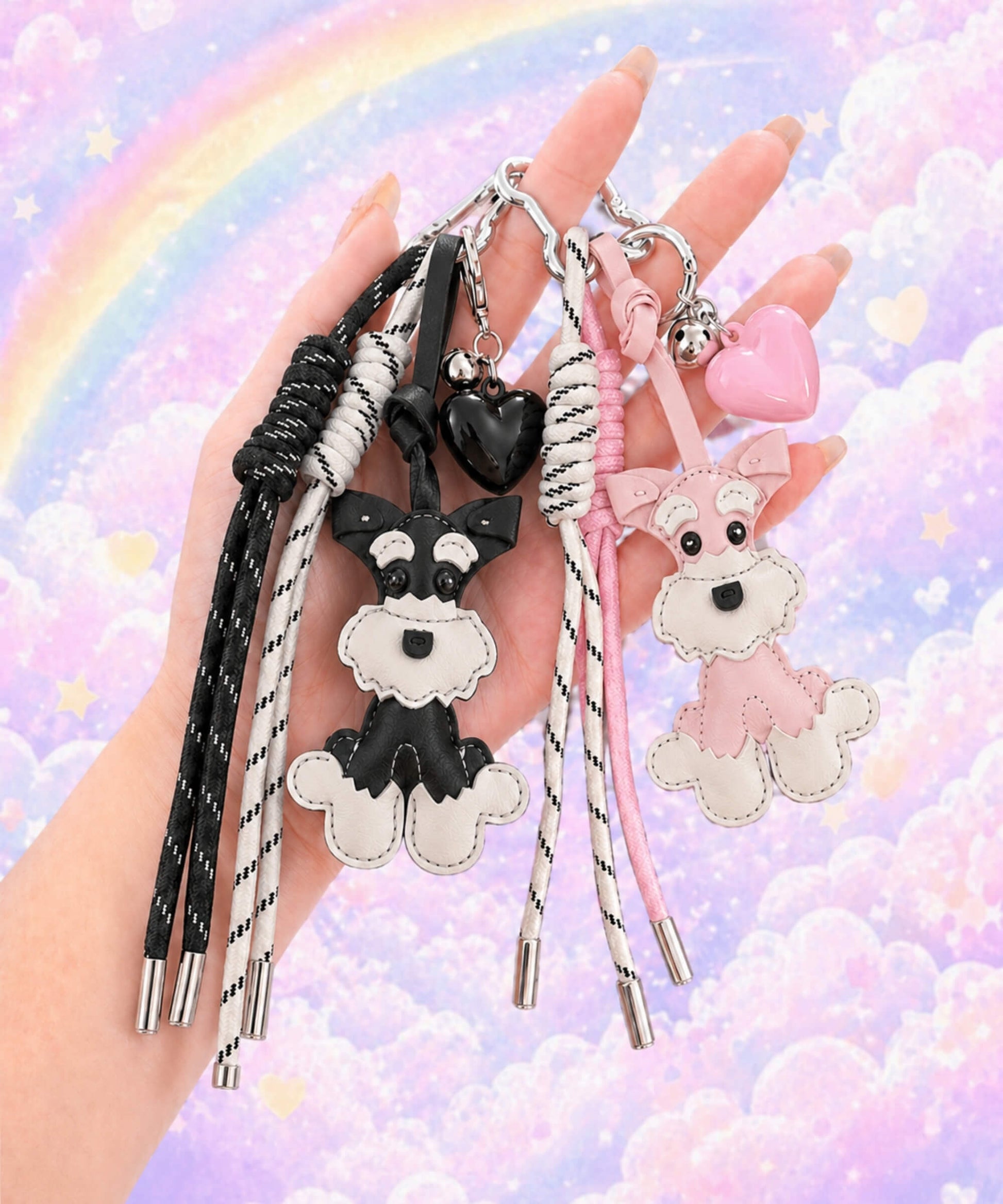 CHARMAZING Cute Schnauzer PU leather bag charms with heart pendants in black and pink, held in hand against a pastel rainbow background.