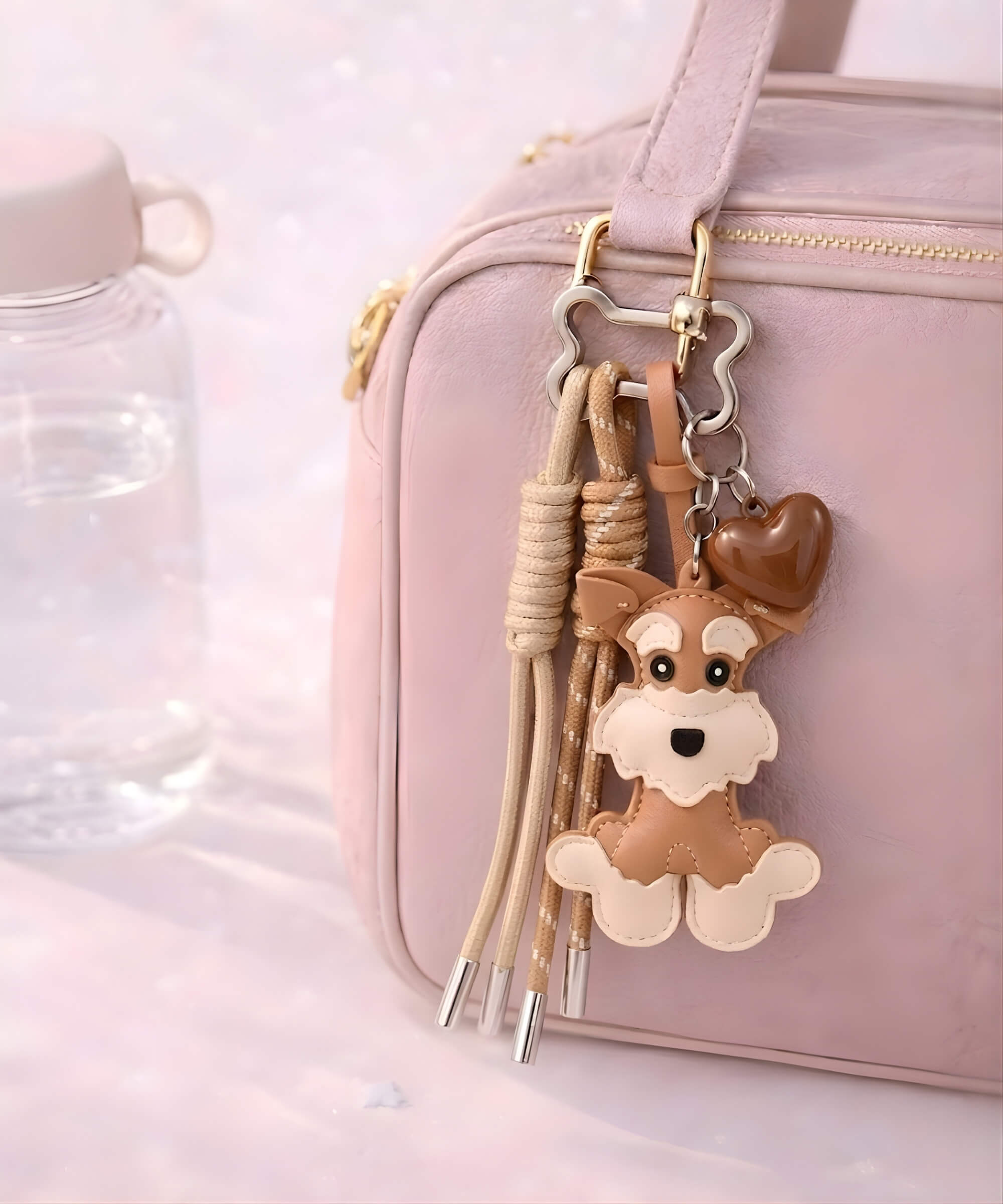 Charmazing dog keychain attached to a soft pink bag, styled for everyday use with a minimal and aesthetic look