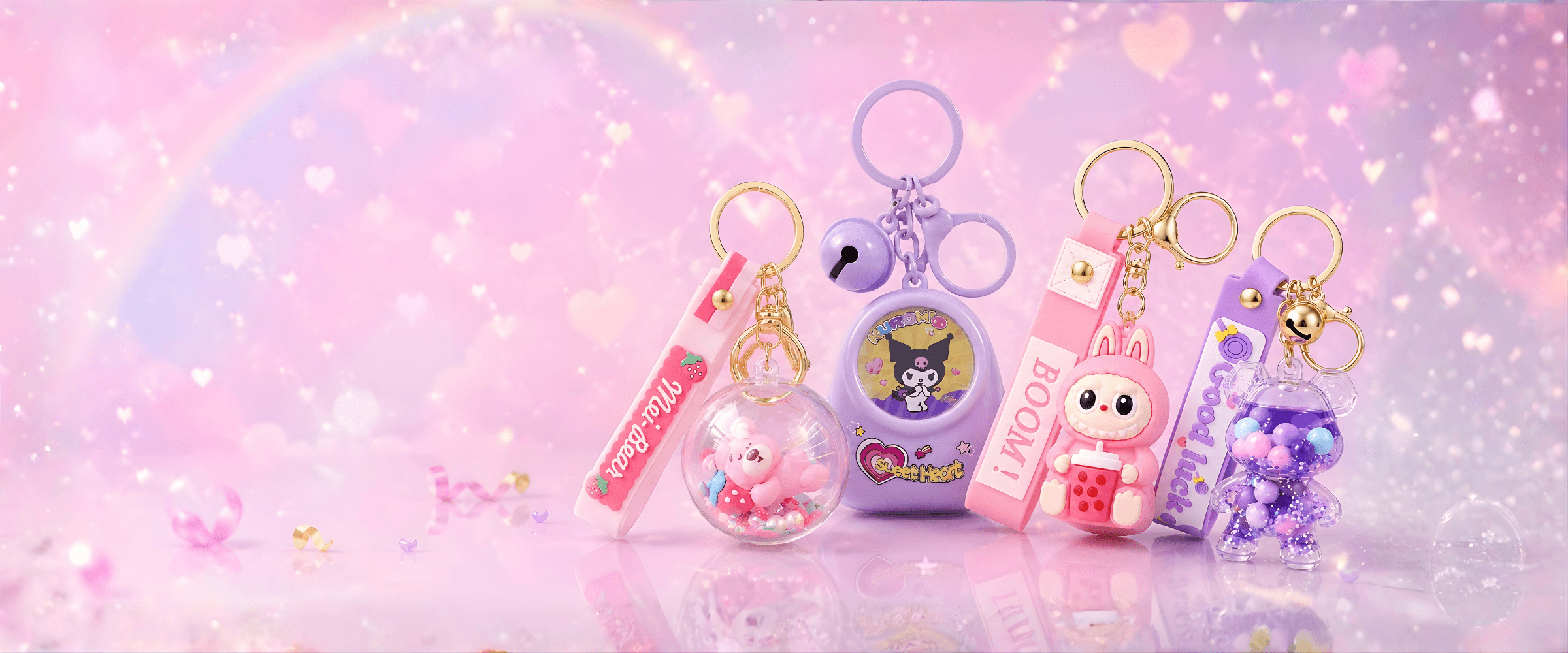 CHARMAZING EOFY clearance hero featuring pastel keychains and bag charms on a dreamy pink sparkle background