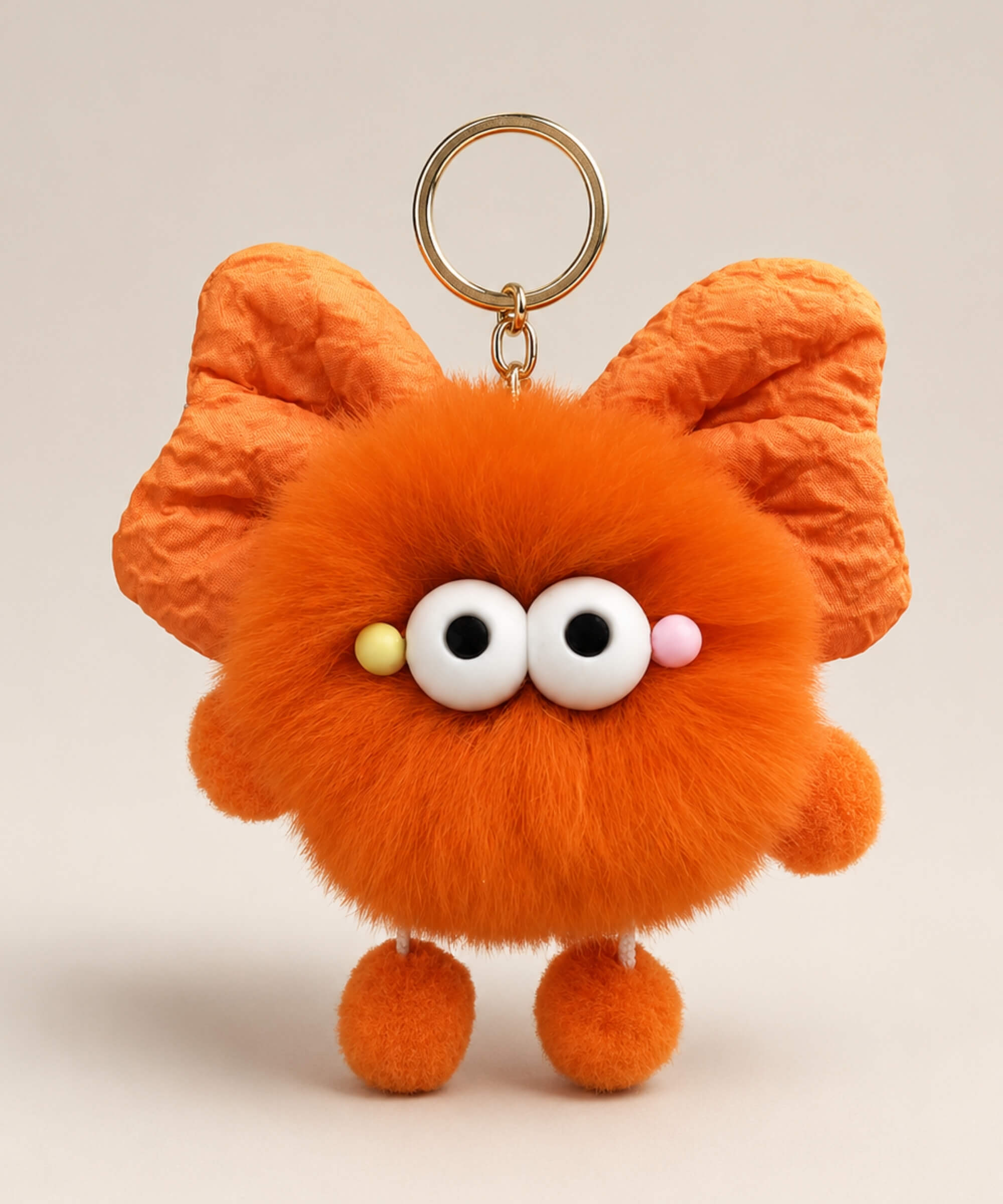 Orange fluffy bow plush keychain with matching bow-style ears and gold-tone hardware