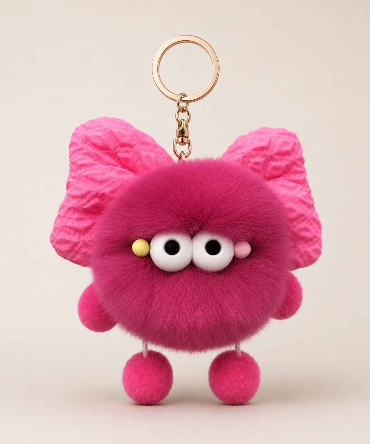 Rose pink fluffy bow plush keychain with soft furry texture, cute wide-eye design and gold-tone hardware