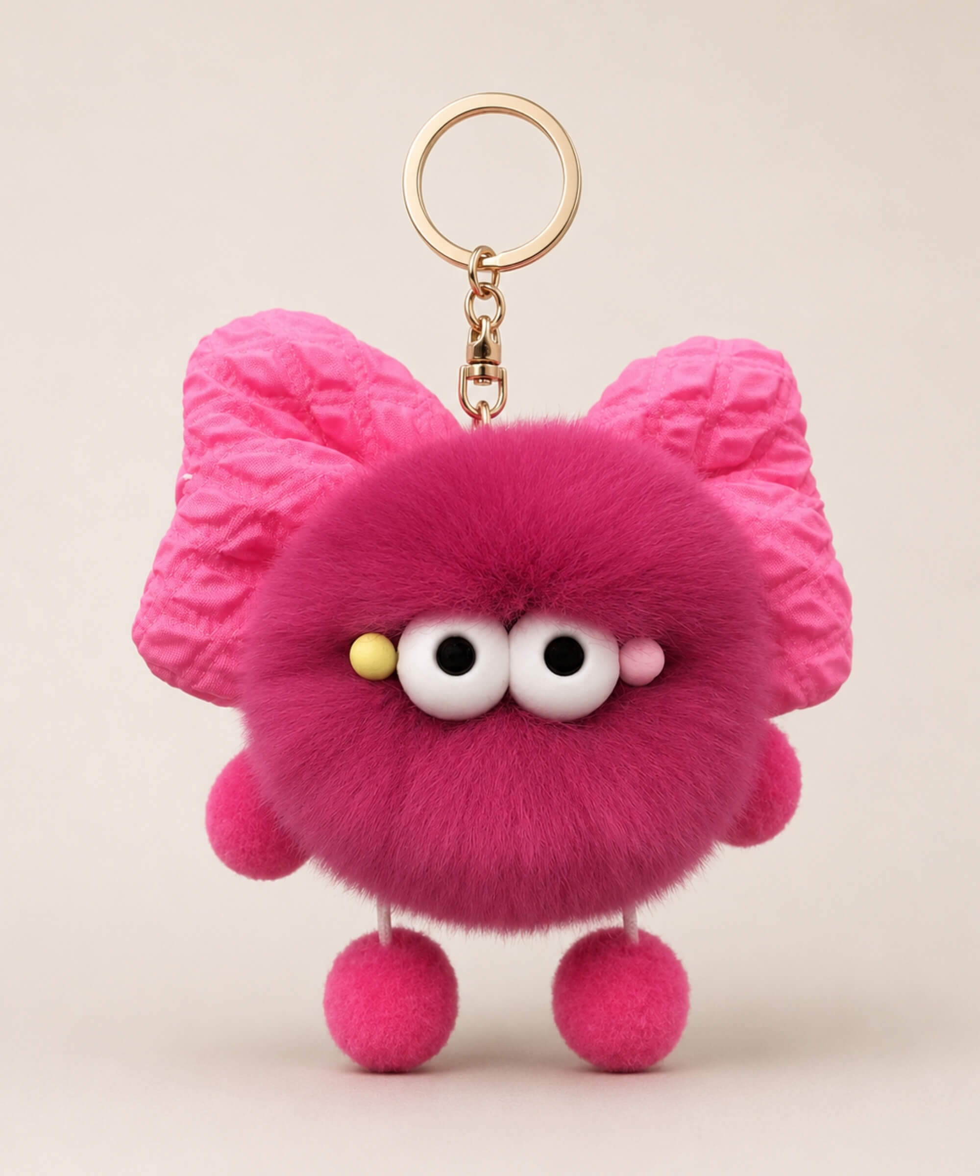 Rose pink fluffy bow plush keychain with soft furry texture, cute wide-eye design and gold-tone hardware