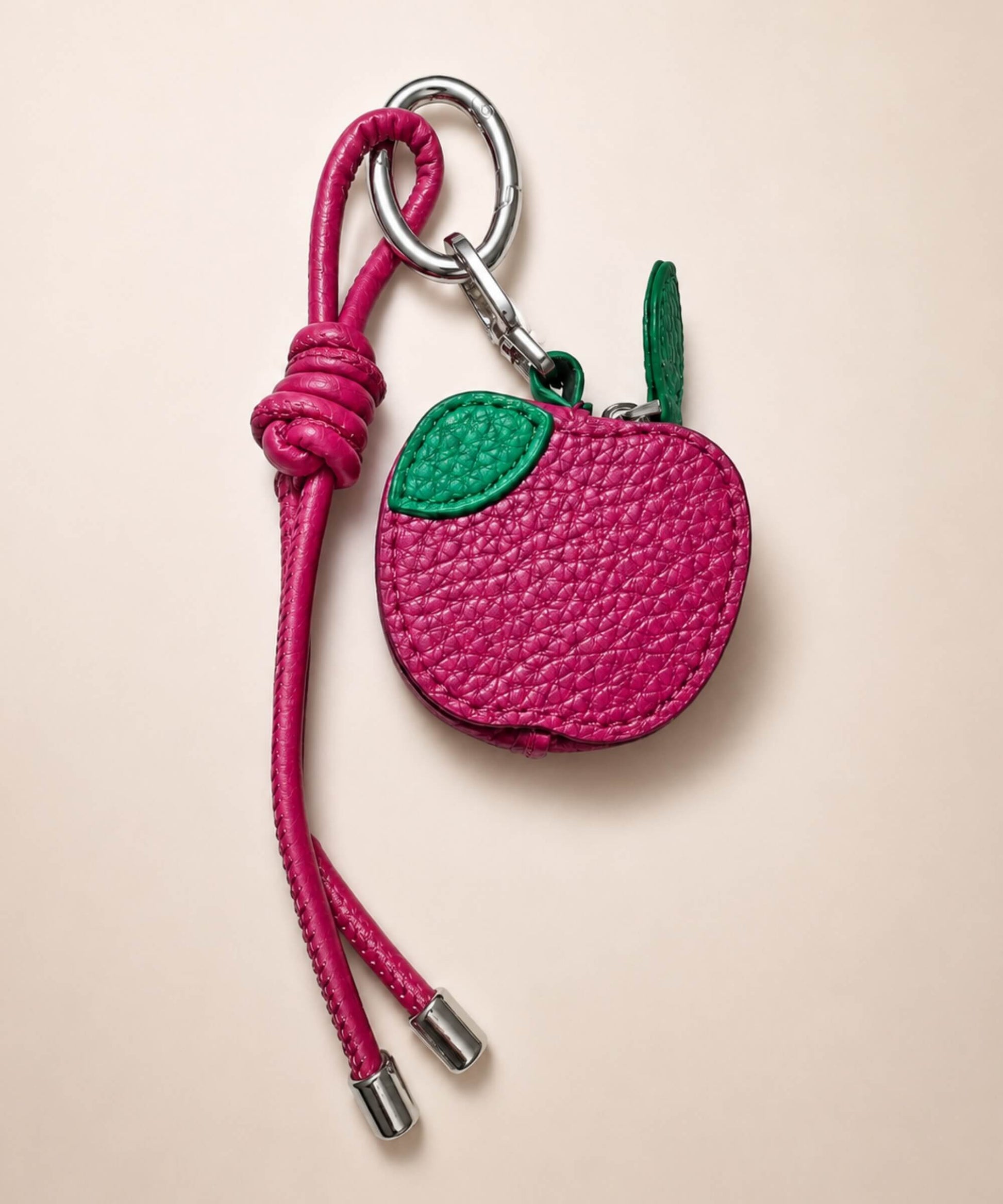 Apple fruit coin purse keychain with textured PU leather-style pouch, leaf detail and matching strap
