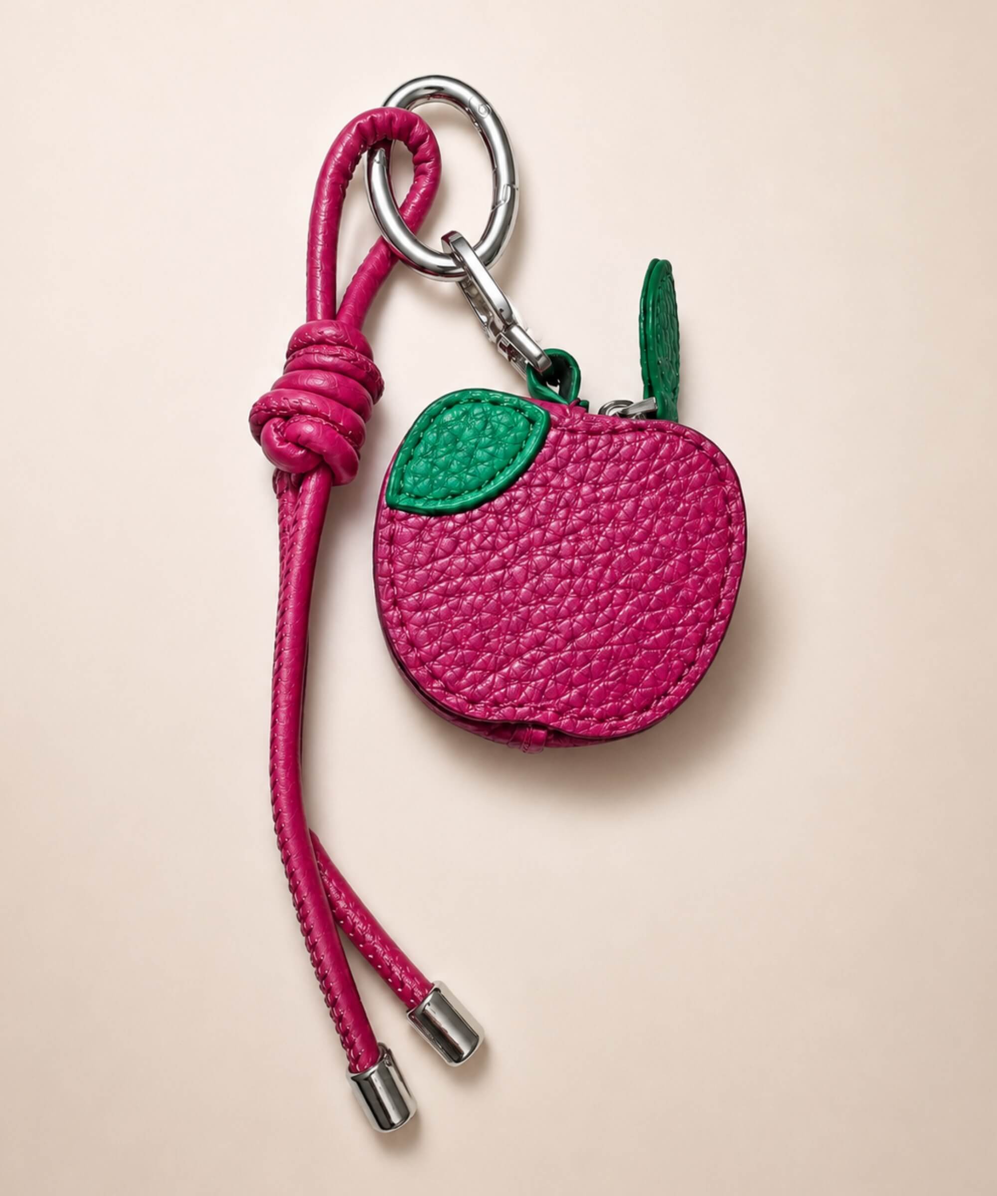 Apple fruit coin purse keychain with textured PU leather-style pouch, leaf detail and matching strap