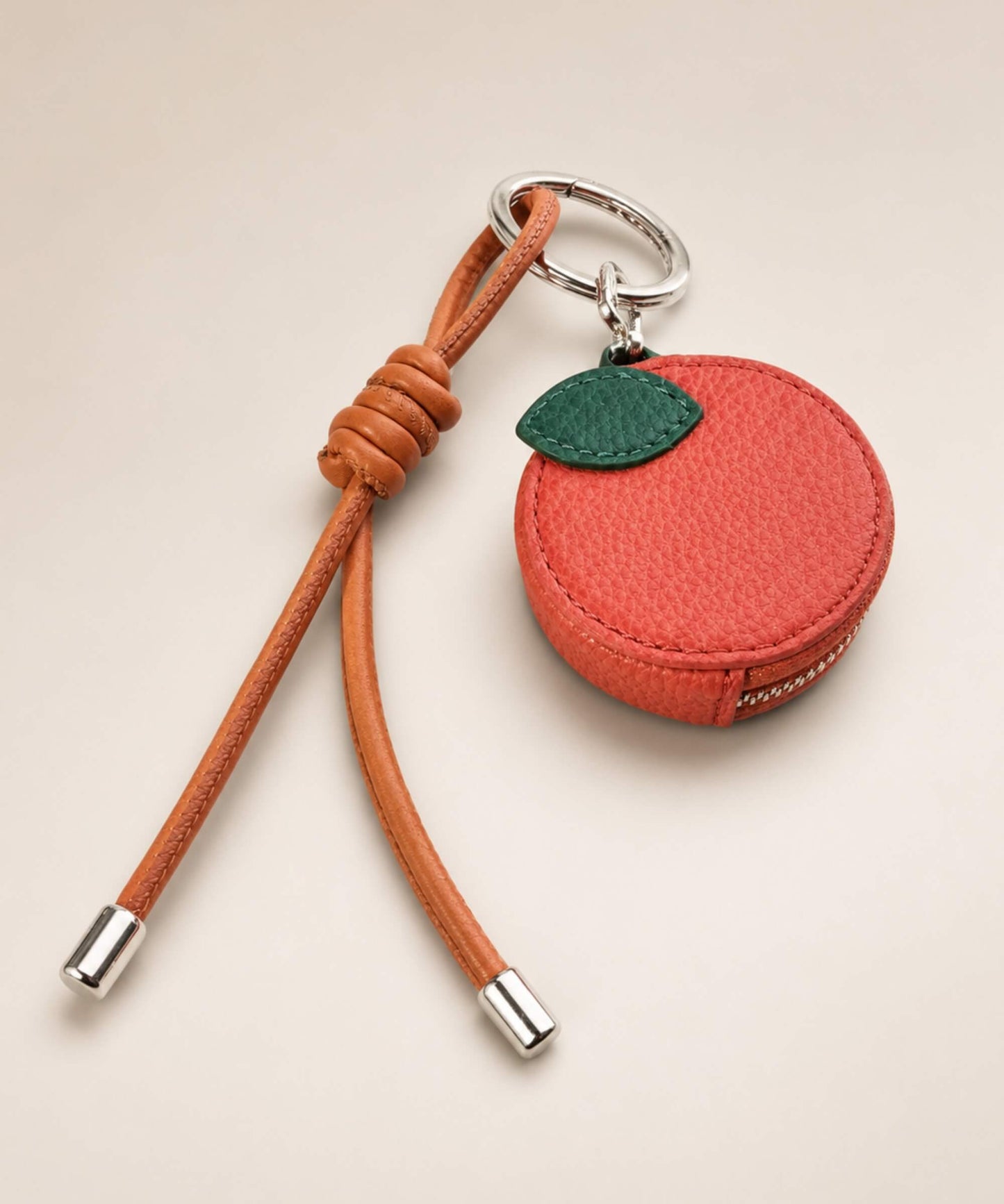 Mandarin fruit coin purse keychain with textured PU leather-style pouch, green leaf detail and matching strap
