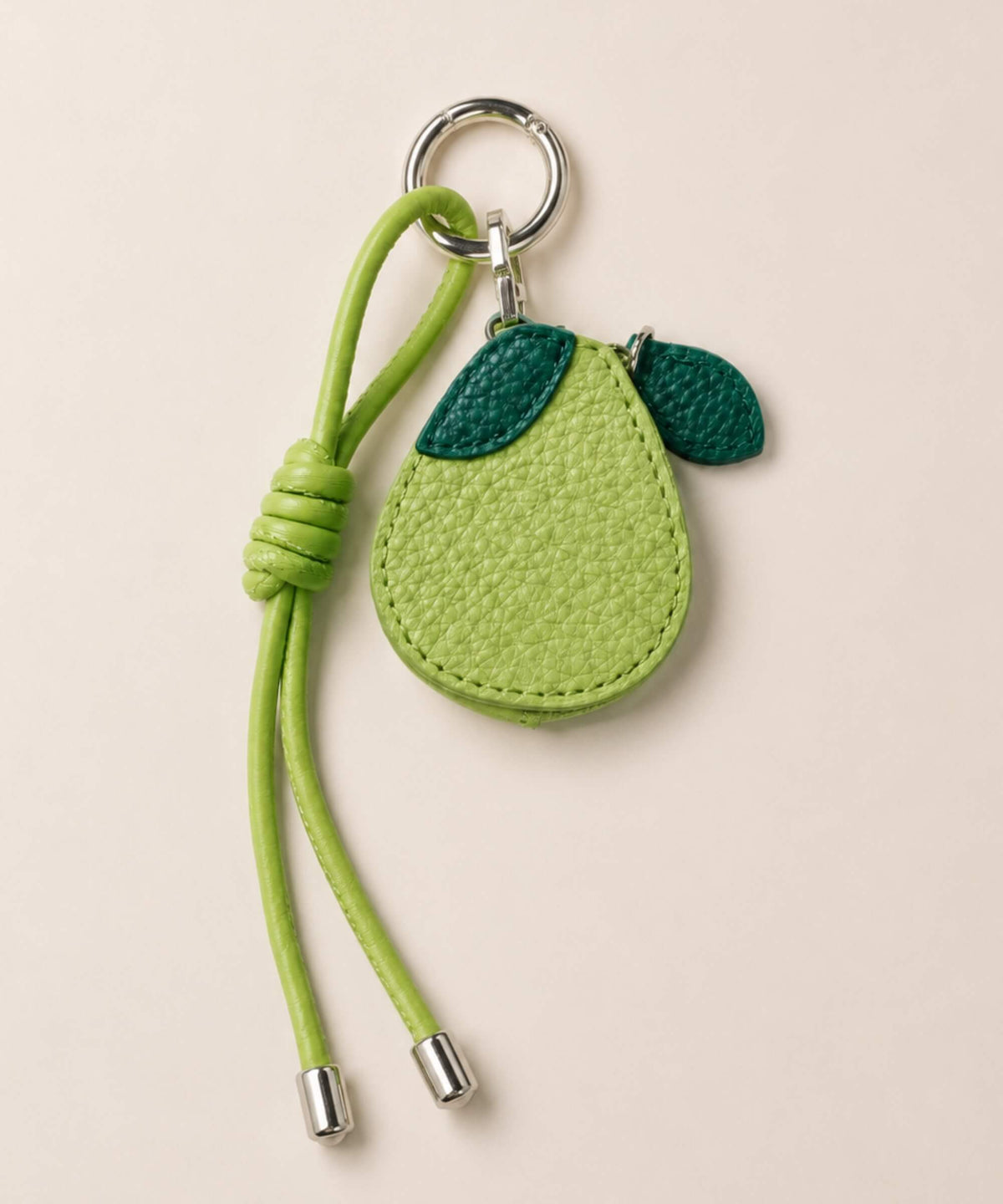Pear fruit coin purse keychain with green PU leather-style pouch, leaf detail and matching strap