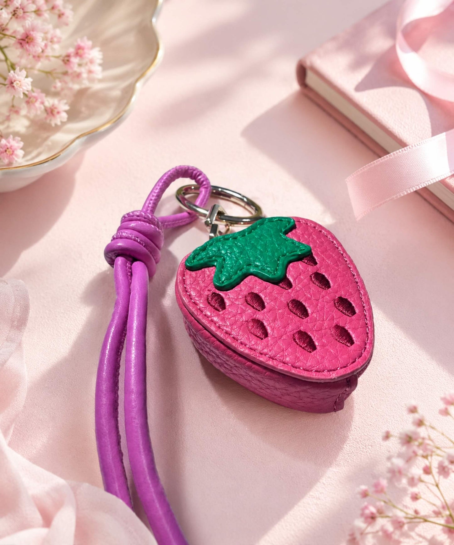 Strawberry fruit coin purse keychain styled on soft pink fabric with floral details and PU leather-style texture