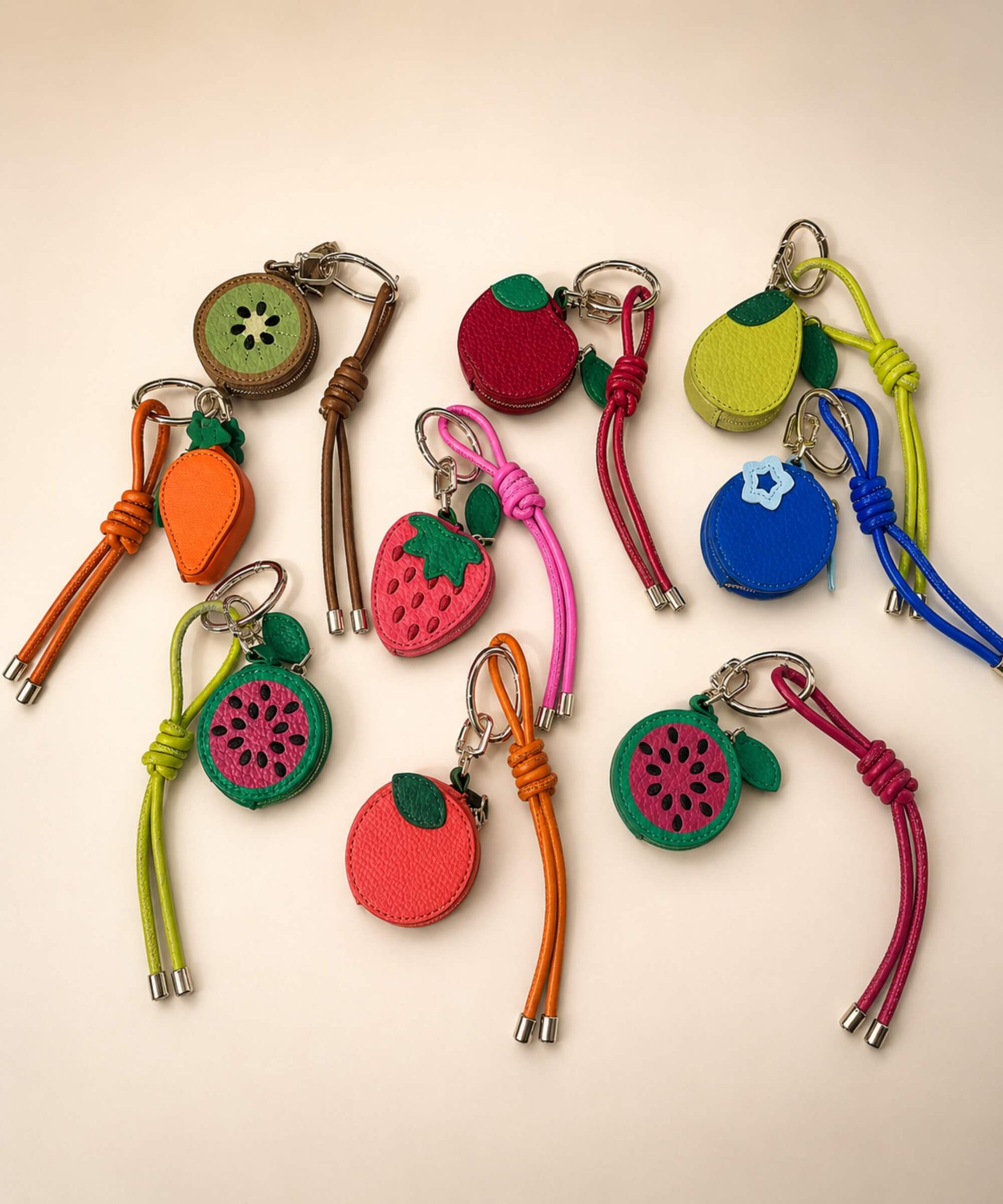 Fruit coin purse keychains in assorted colourful PU leather-style pouch designs with matching straps