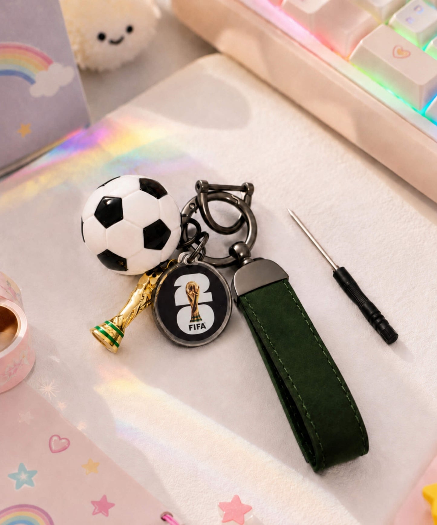 2026 World Cup inspired football keychain with soccer ball charm and trophy charm styled on a desk