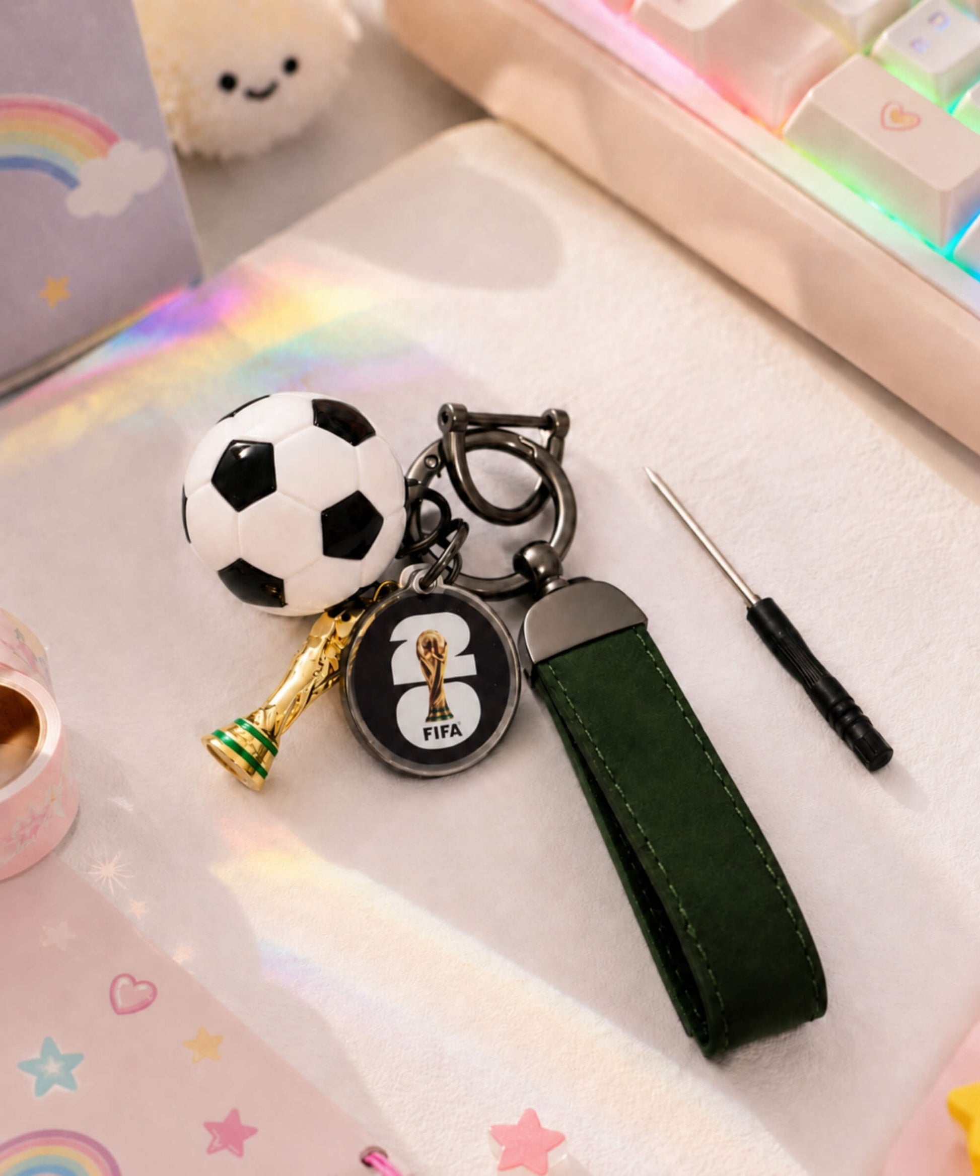 2026 World Cup inspired football keychain with soccer ball charm and trophy charm styled on a desk