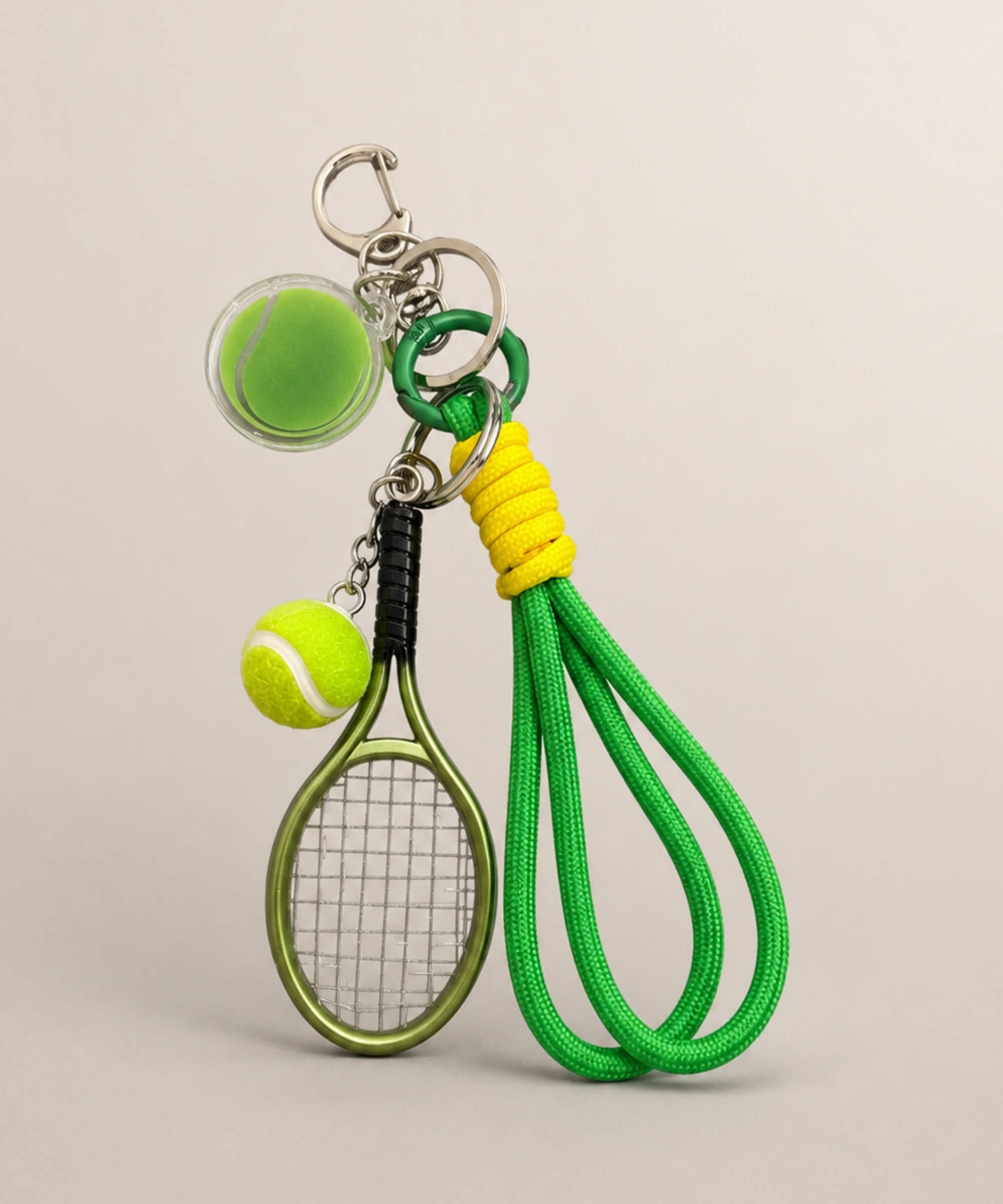 Green tennis charm set rope keychain with mini racket, tennis ball charms and rope strap