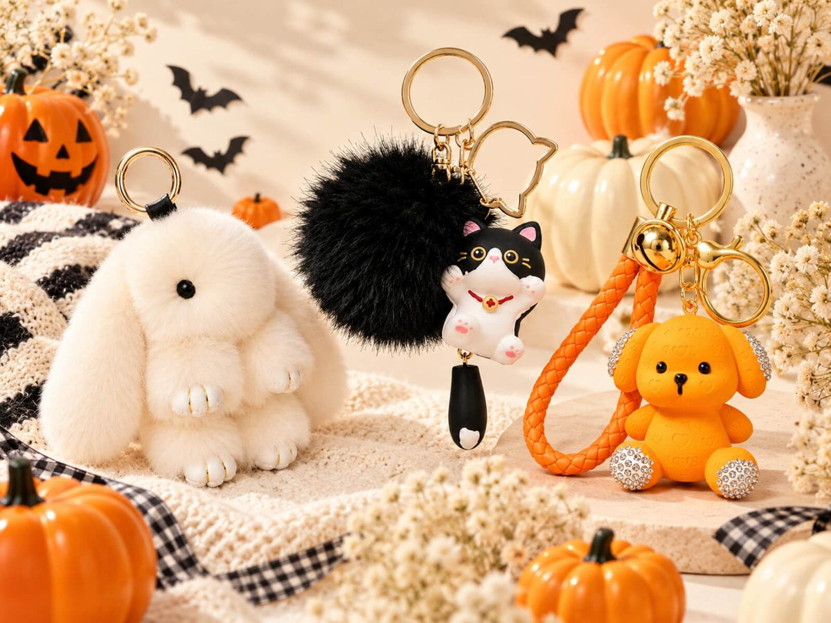 Charmazing Halloween Colour Special featuring a white fluffy bunny, black cat pom pom and orange puppy keychain with autumn decorations