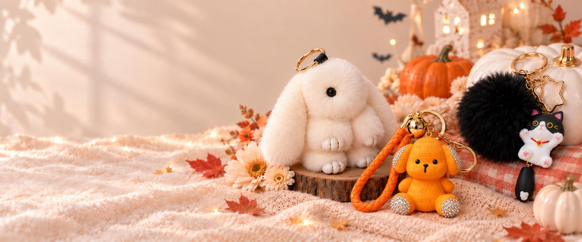 Charmazing Halloween Colour Special featuring a white fluffy bunny, orange puppy and black cat pom pom keychains in a cosy autumn setting