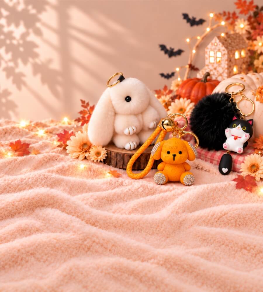 White bunny, orange puppy and black cat pom pom bag charms displayed in warm Halloween colours for Charmazing's seasonal promotion
