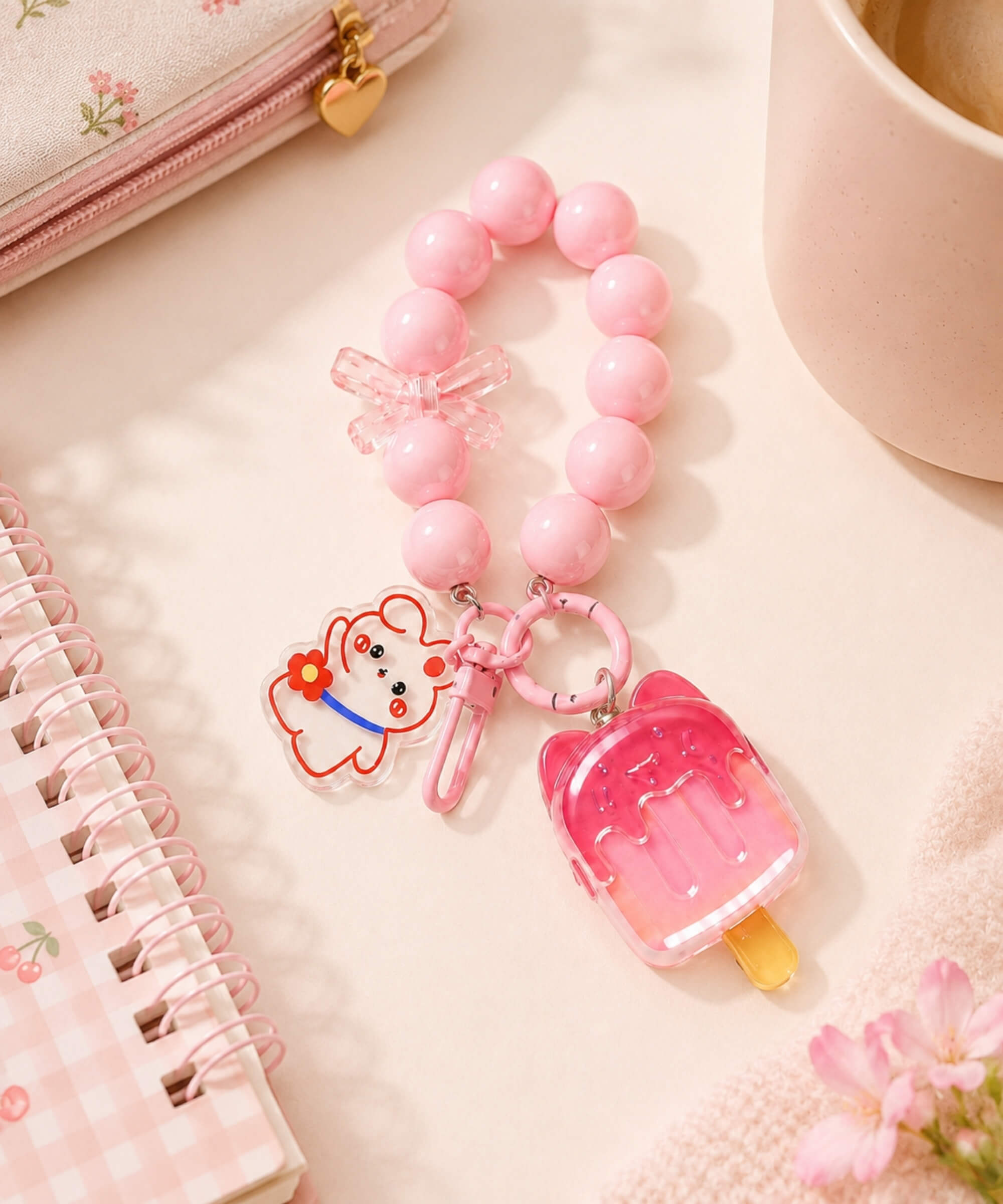 Pink ice cream beaded keychain styled with stationery and soft lifestyle props