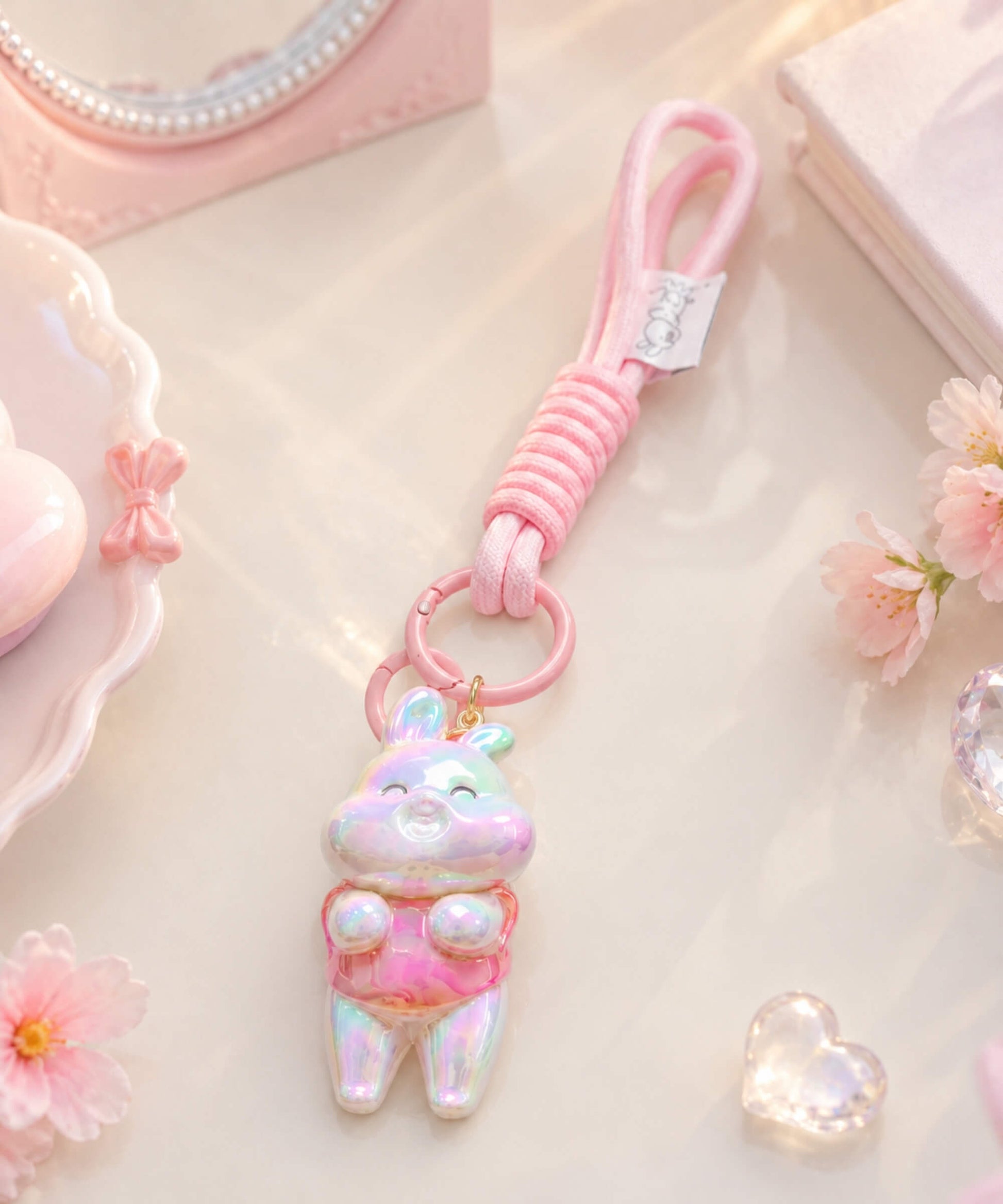 Pink bunny resin keychain in lifestyle photo