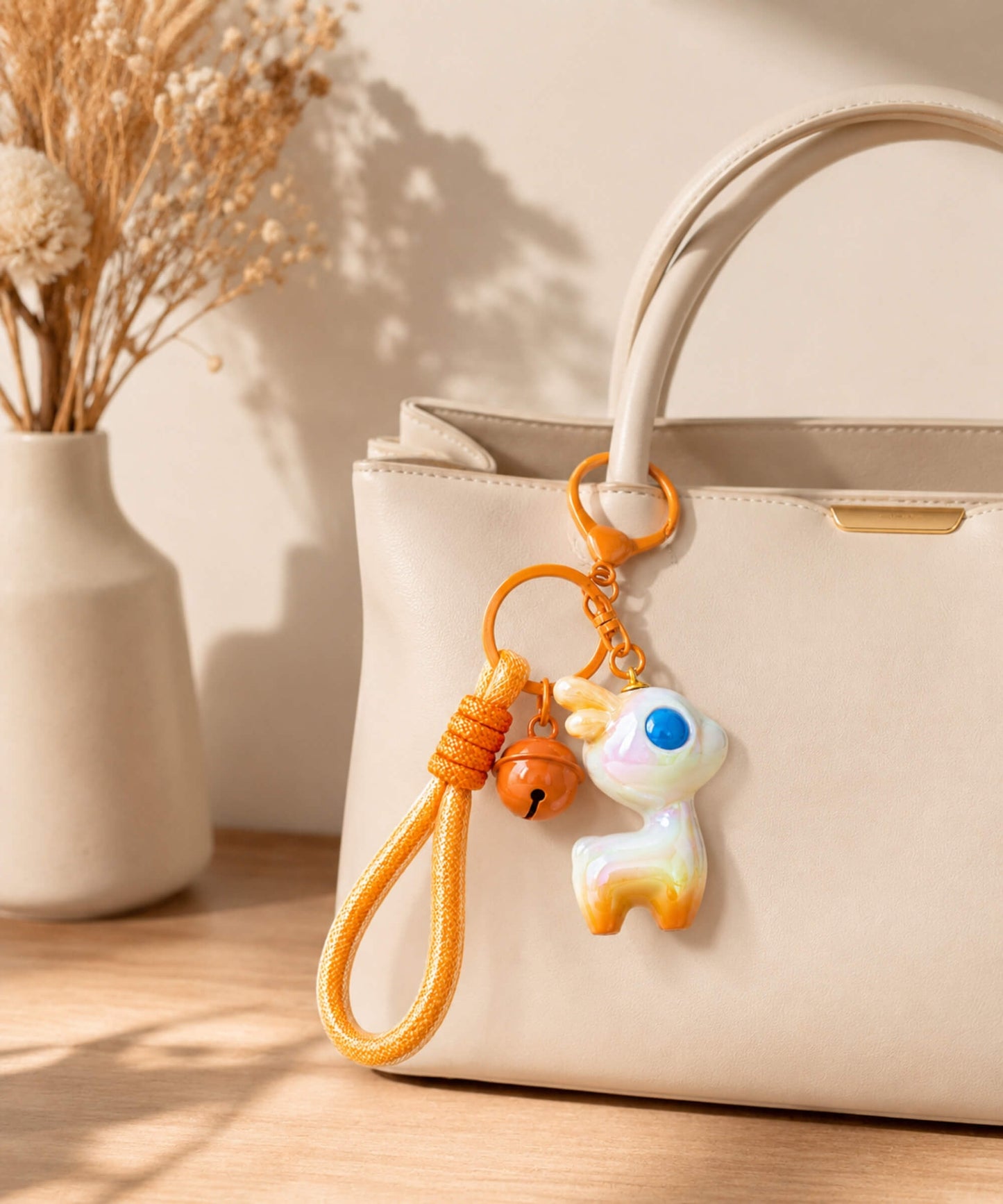 Orange deer resin keychain on beige bag