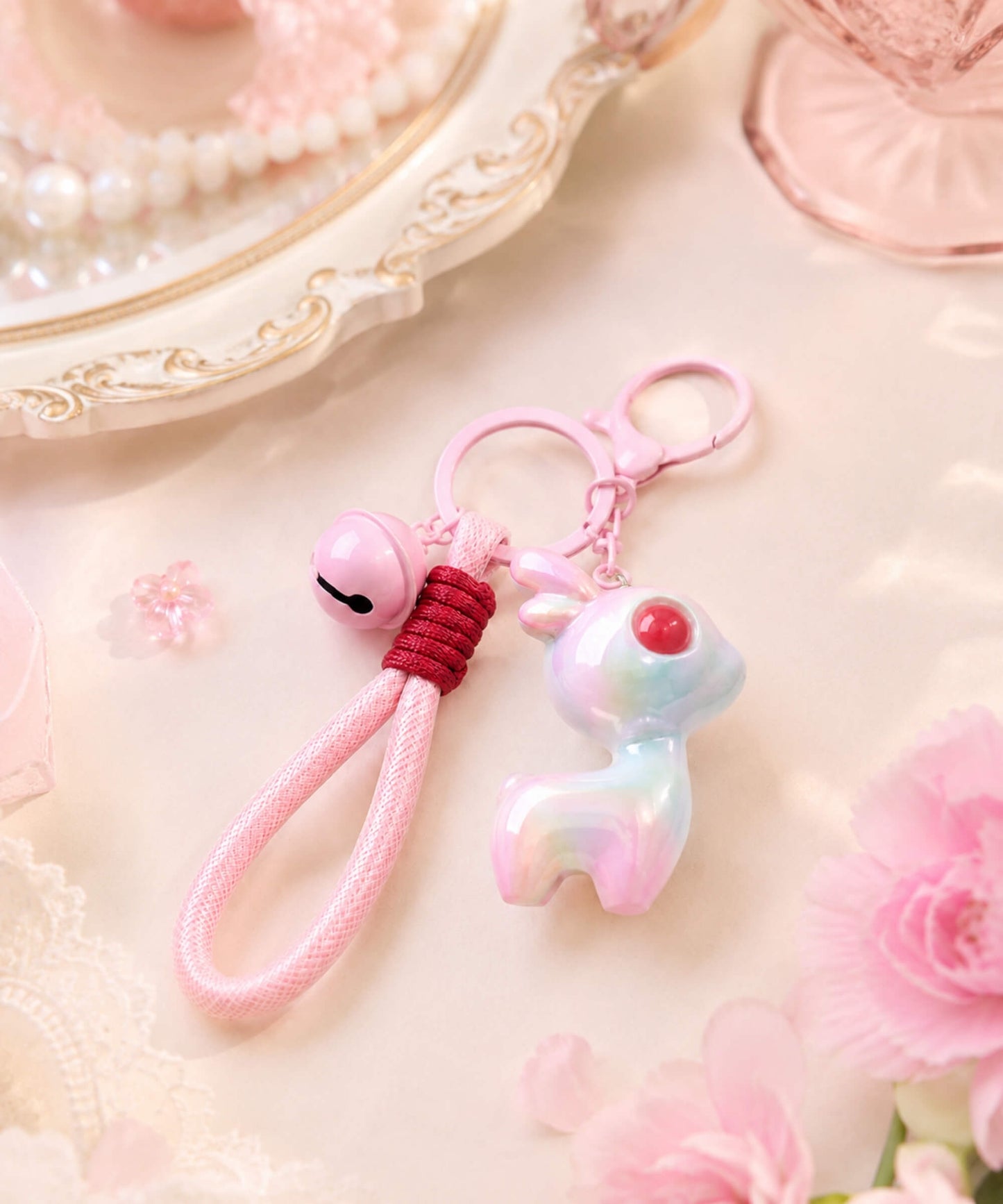 Pink iridescent deer resin keychain flatlay