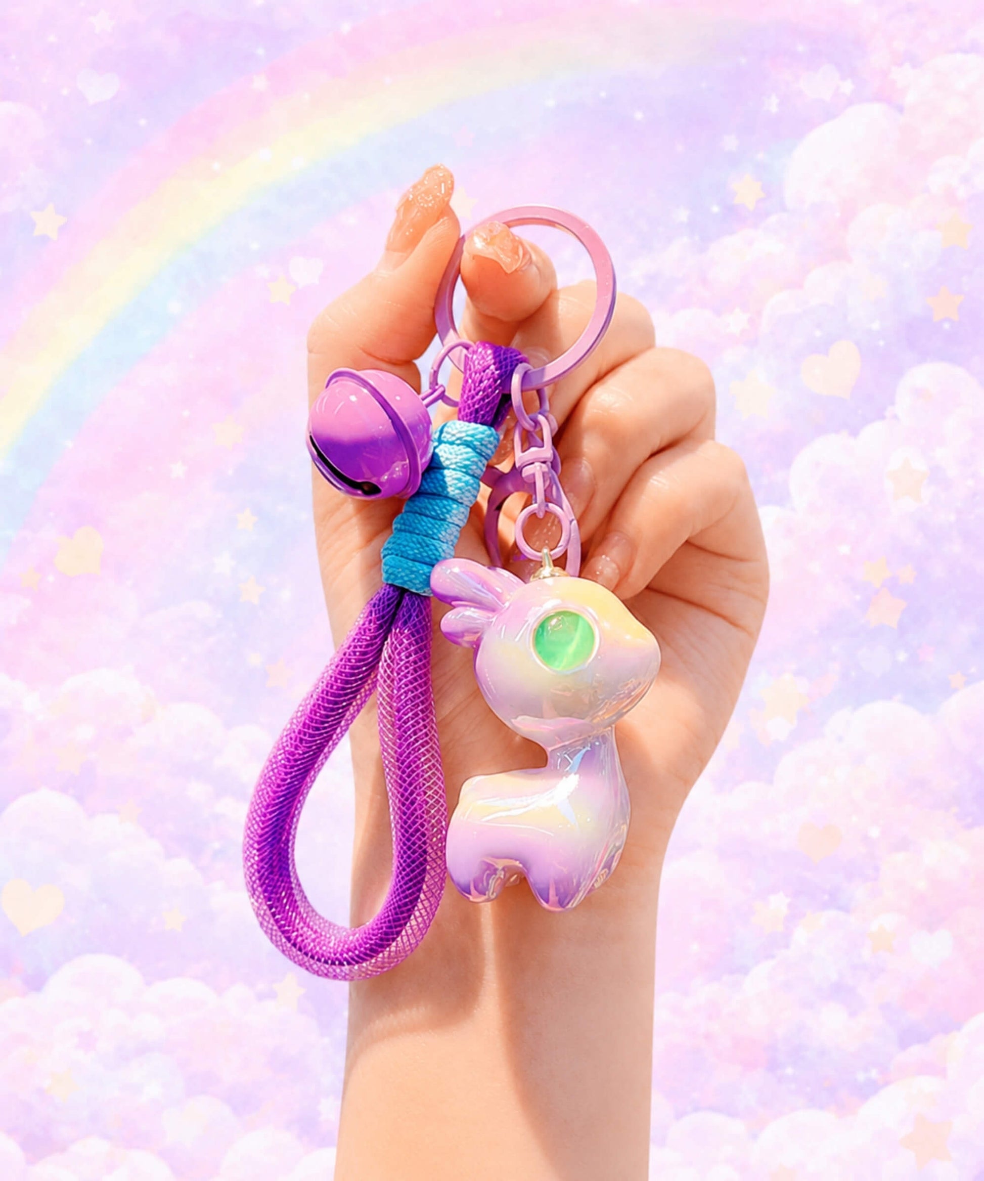 Purple iridescent deer resin keychain held in hand