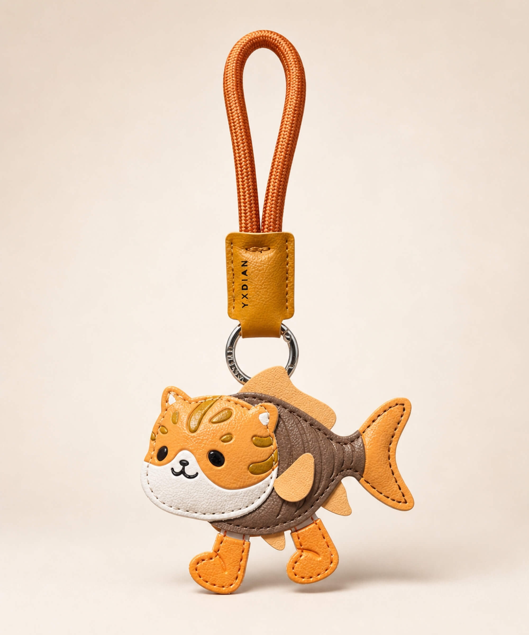Trulimero Trulicina Italian Brainrot style PU leather keychain with orange wrist strap on a clean studio background.