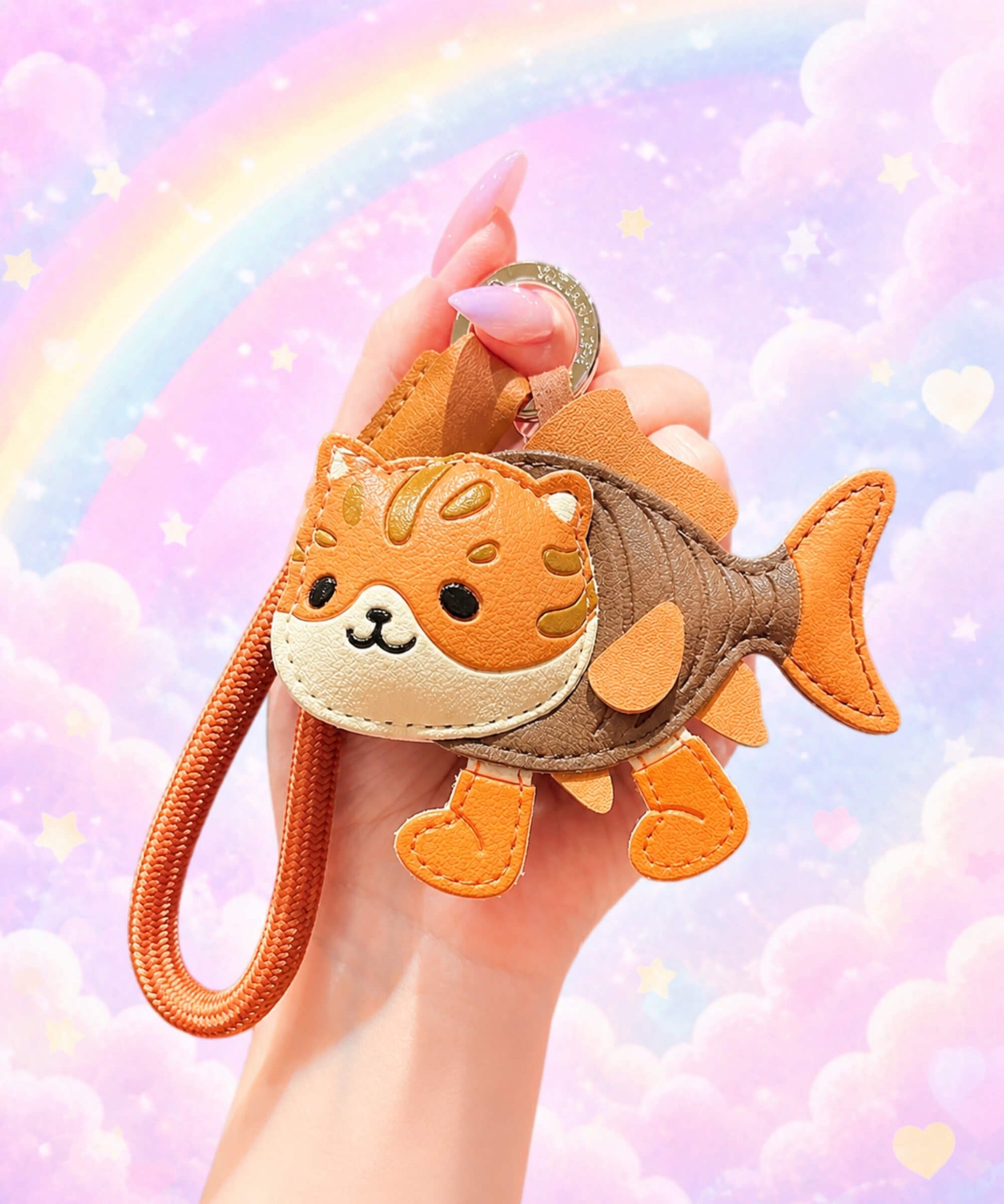 Trulimero Trulicina Italian Brainrot style PU leather keychain held against a pastel rainbow background.