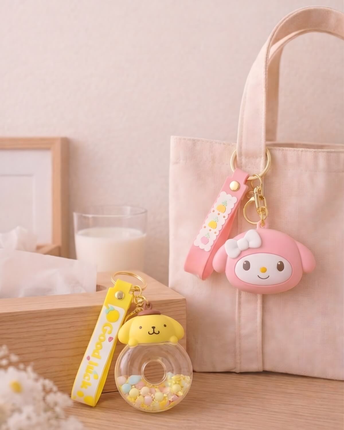 Cute pastel keychains and bag charms styled on a tote bag in a soft everyday lifestyle setting