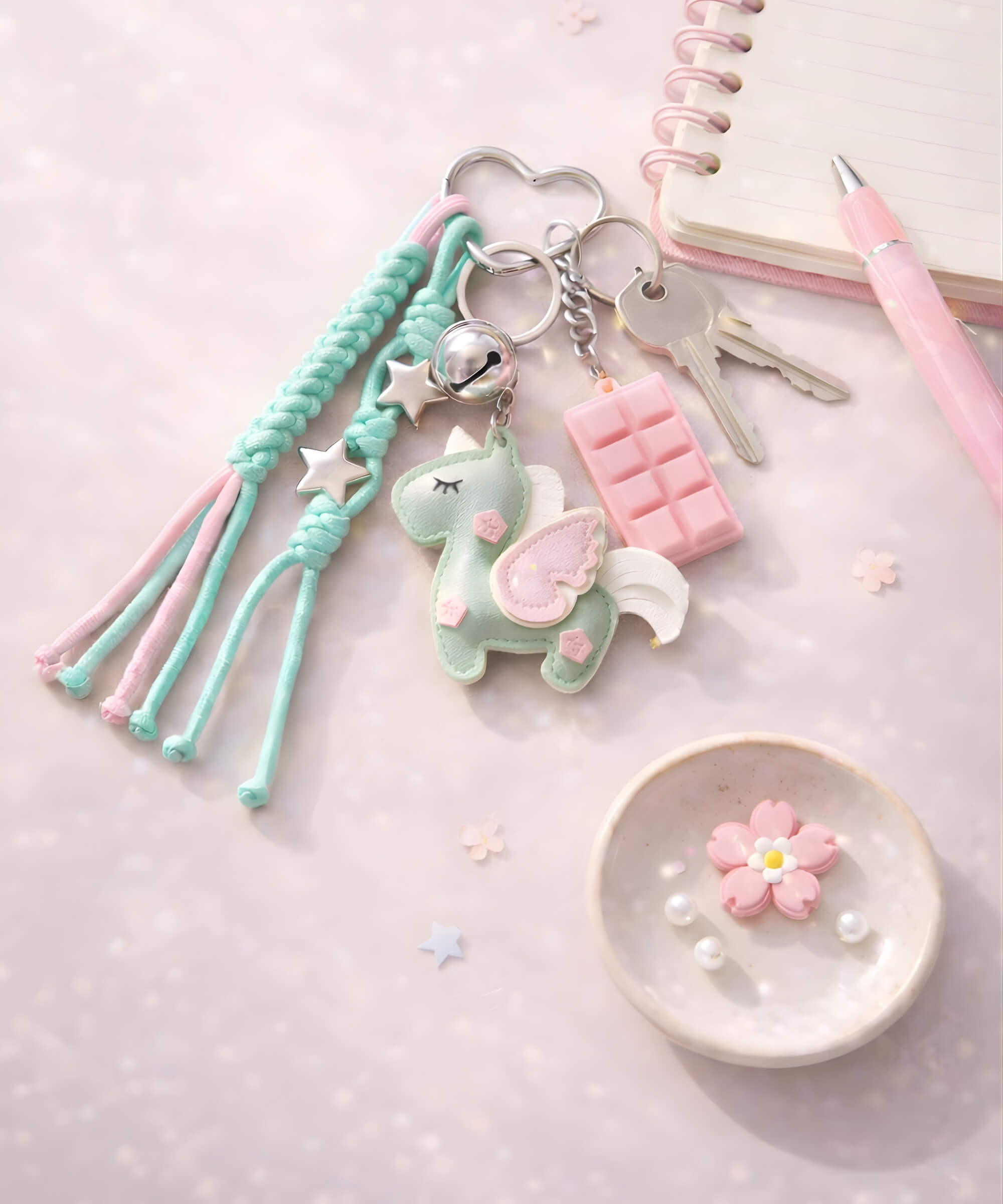 Charmazing pastel keychains flat lay with soft dreamy tones, capturing little everyday moments and playful charm