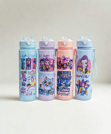 Charmazing K-Pop Demon Hunter style straw water bottle collection with flip-top lid and carry strap, 700ml kids water bottle