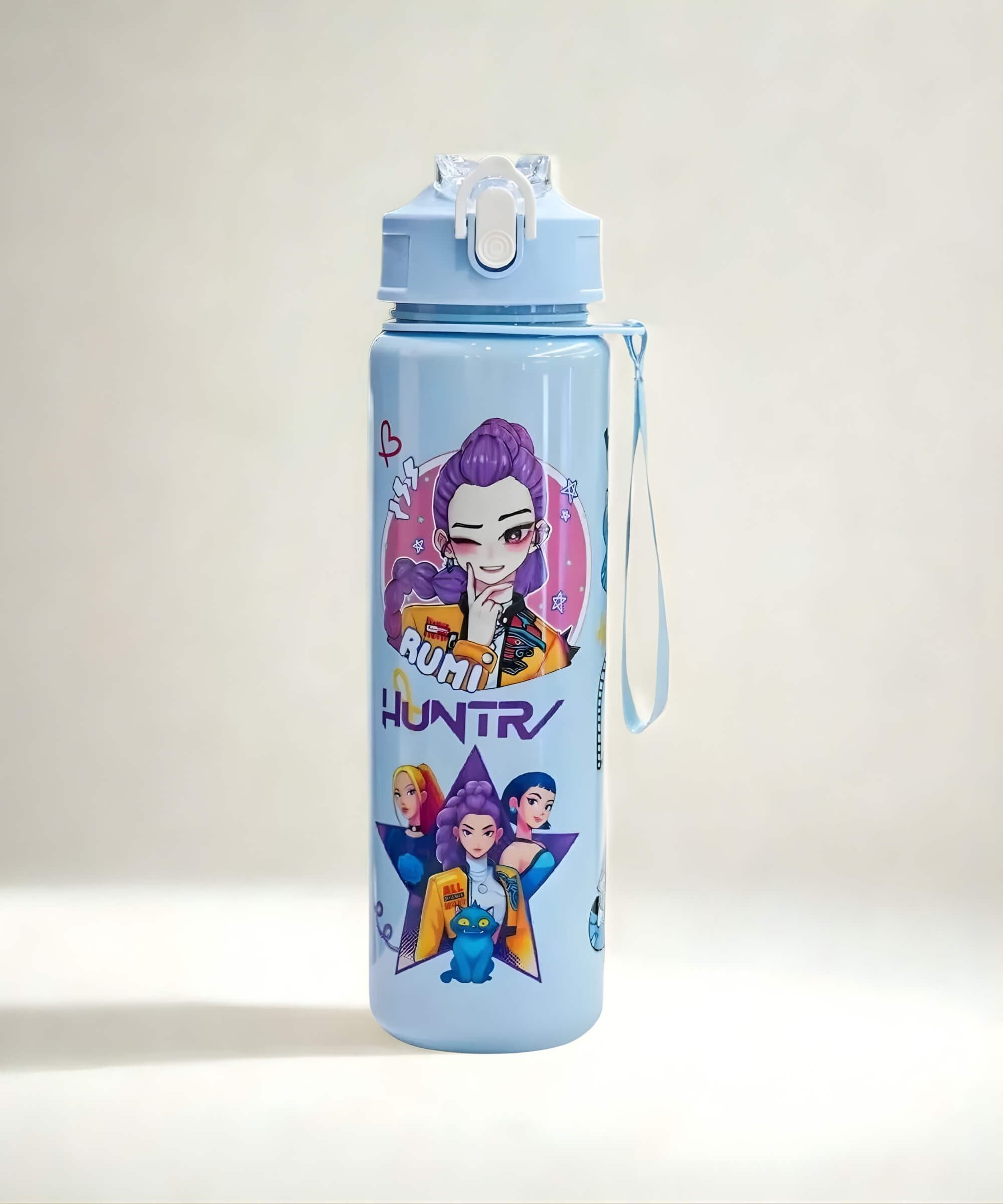 Blue K-Pop Demon Hunter Rumi character straw water bottle with flip-top lid and strap, 700ml kids bottle