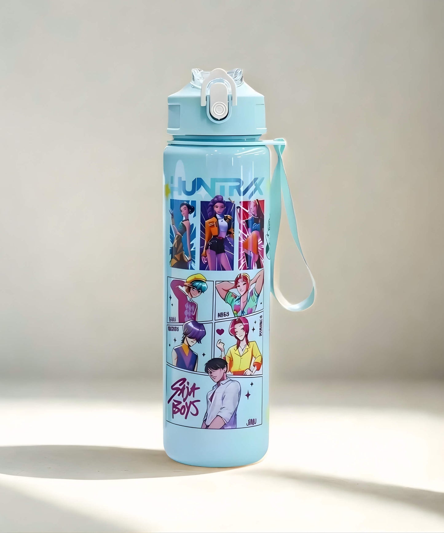Green K-Pop Demon Hunter style straw water bottle – 700ml flip-top lid with character artwork