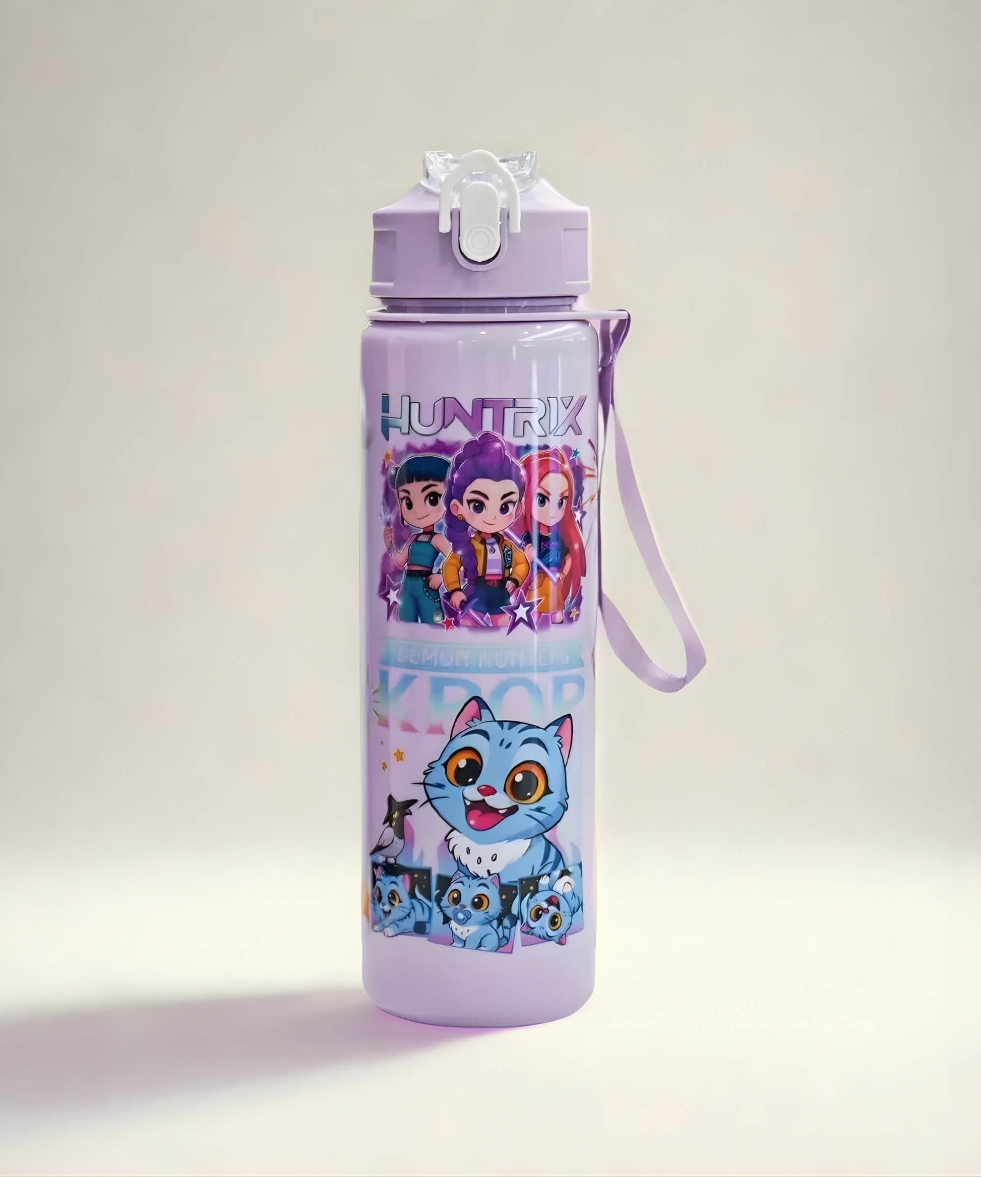 Purple K-Pop Demon Hunter style straw water bottle with flip-top lid and carry strap, 700ml kids water bottle