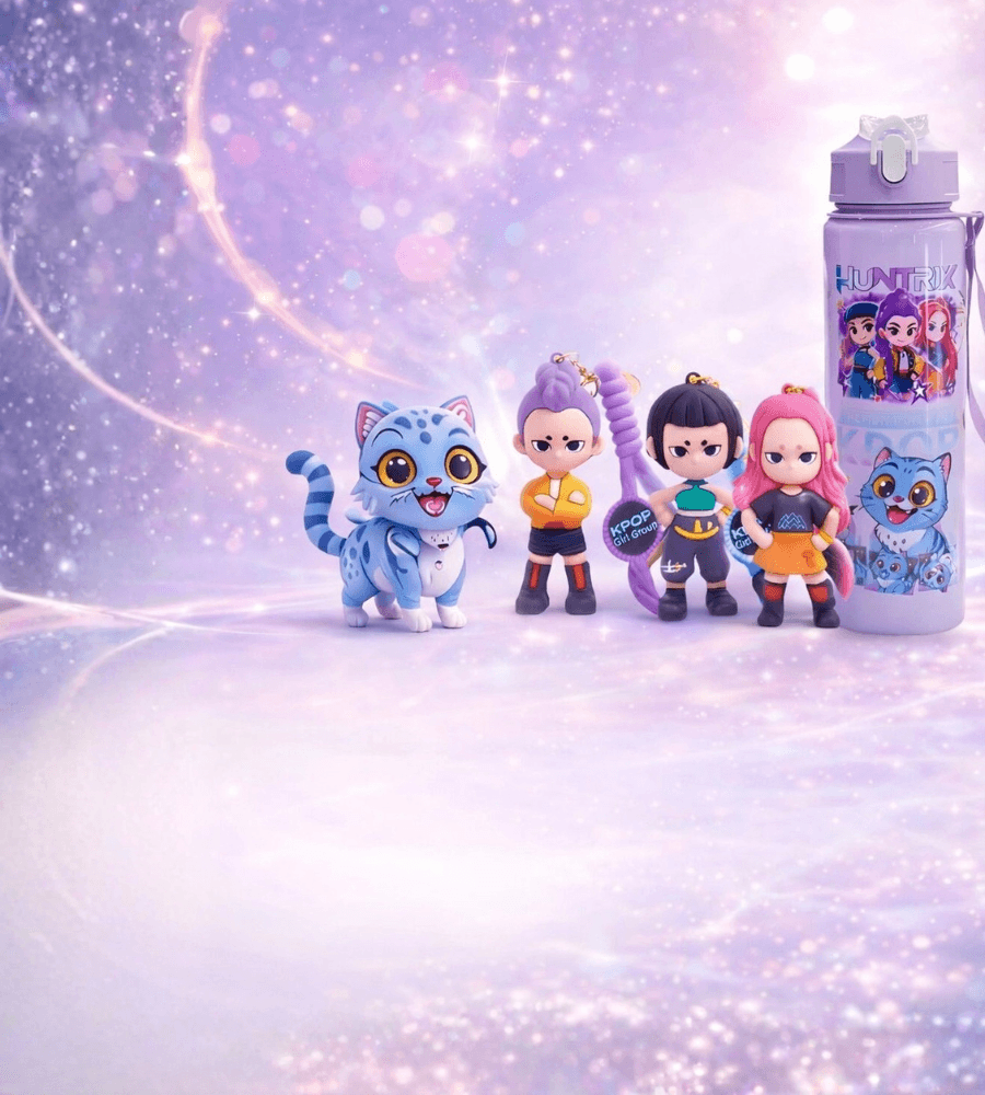 Cute K-pop style keychains and pastel water bottle with dreamy purple background, Charmazing mobile hero banner