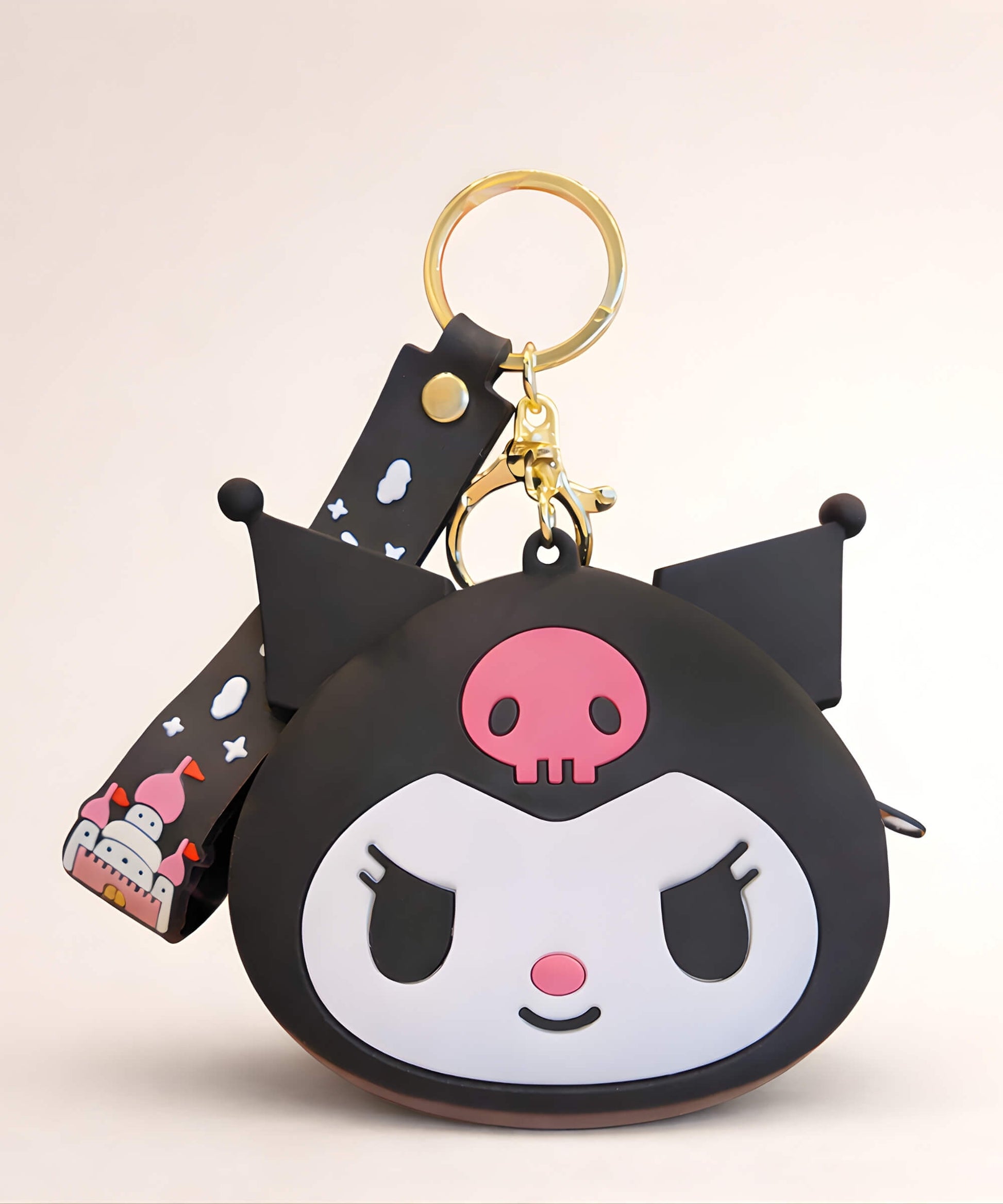 Kuromi silicone coin purse keychain in black, cute Sanrio character bag charm with wrist strap