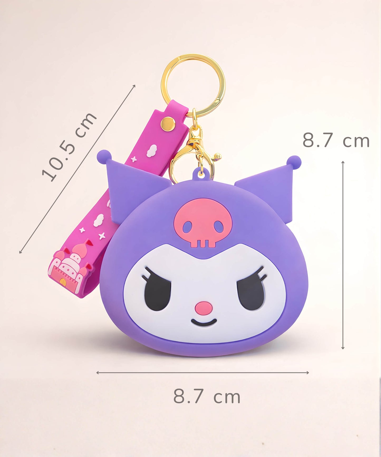 Kuromi silicone coin purse keychain size dimensions showing 8.7 cm width and height and 10.5 cm strap length