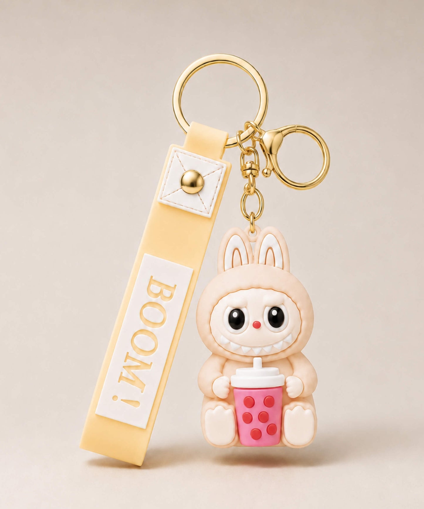 Beige Labubu style bubble tea keychain