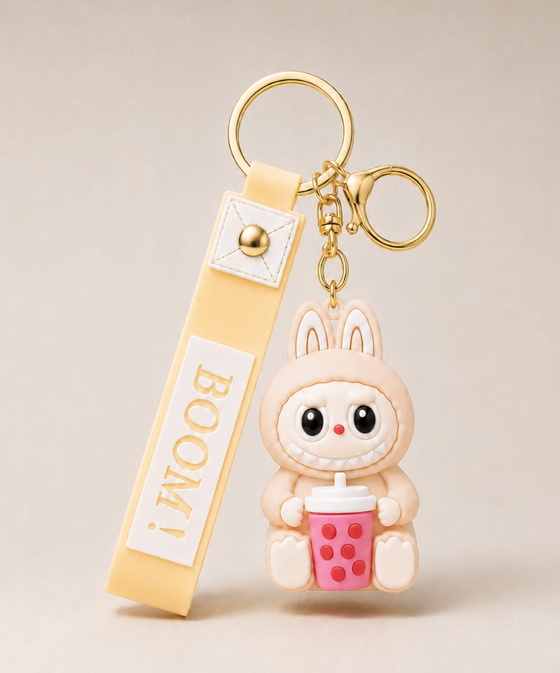 Beige Labubu style bubble tea keychain