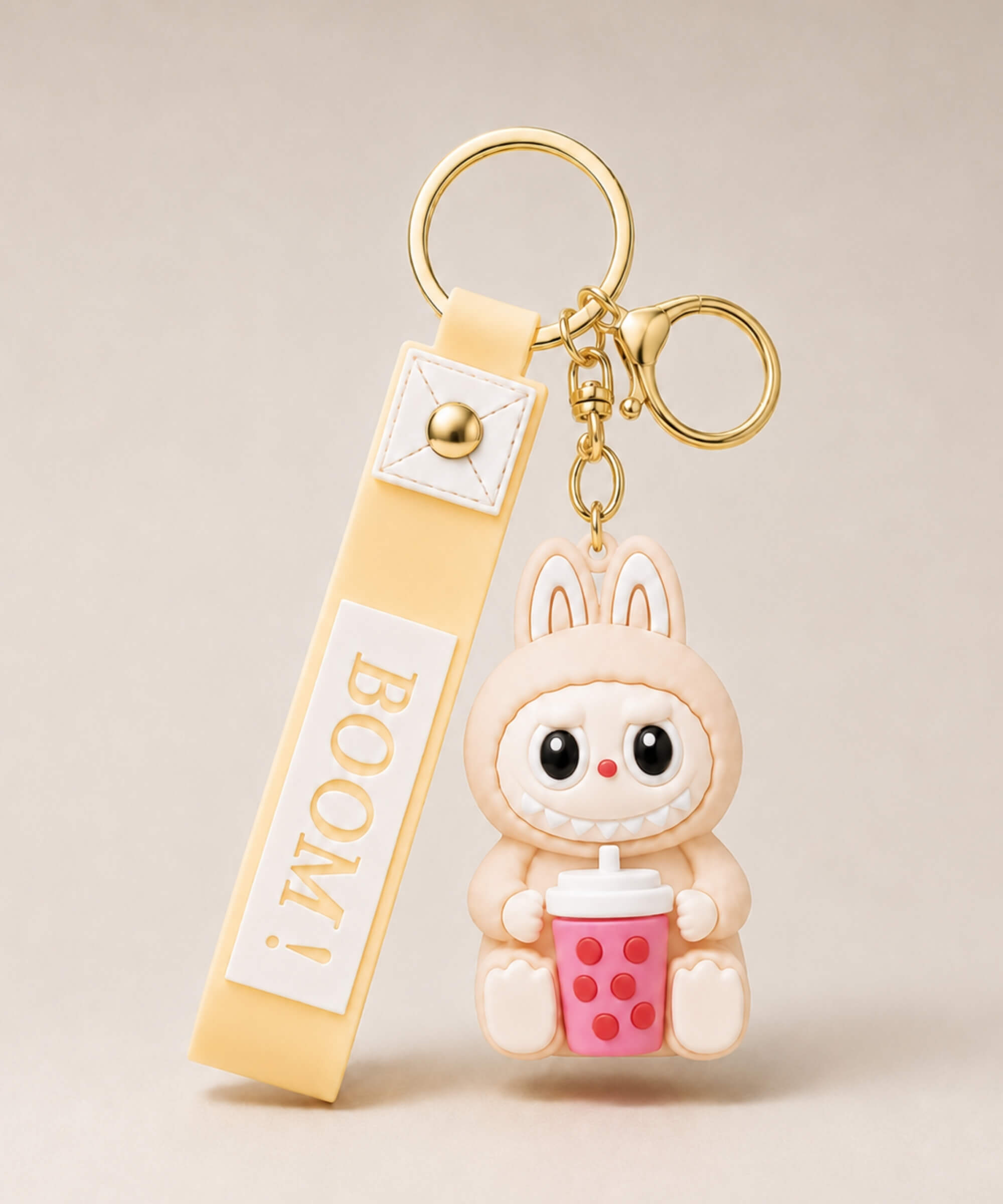 Beige Labubu style bubble tea keychain