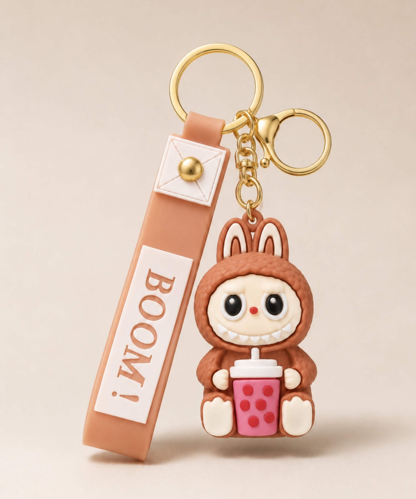 Brown Labubu style bubble tea keychain