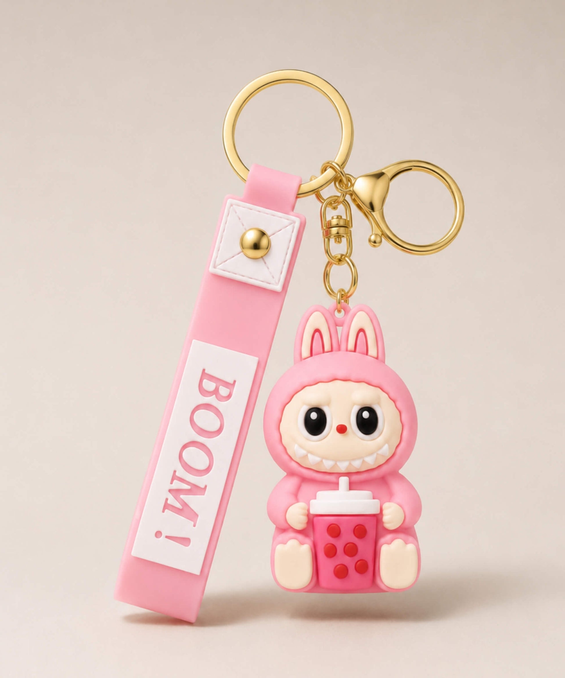 Pink Labubu style bubble tea keychain