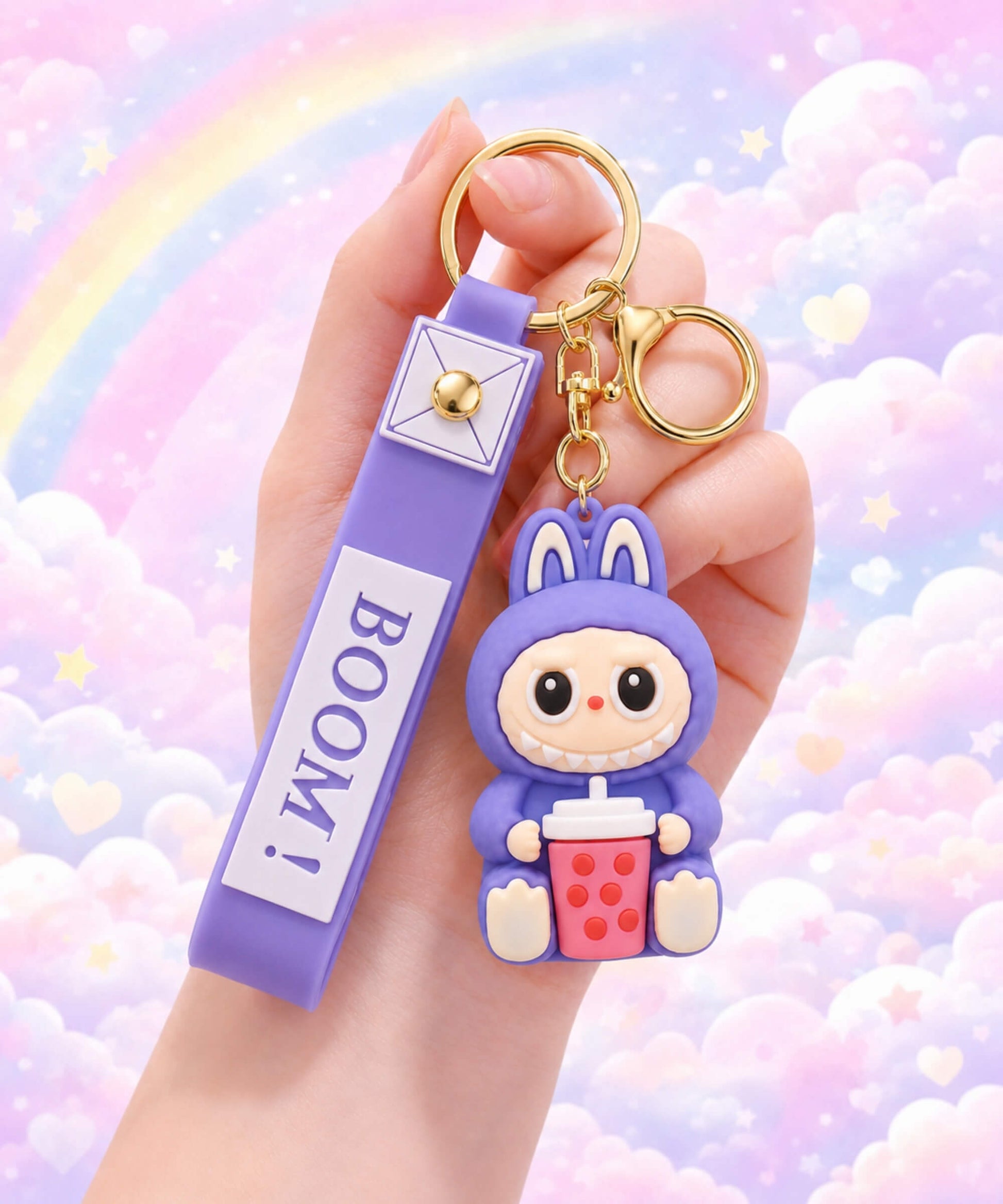 Purple Labubu style bubble tea keychain held in hand