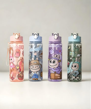 Charmazing Labubu style kids straw water bottle 750ml flip-top colour collection peach blue purple green cute character drink bottle