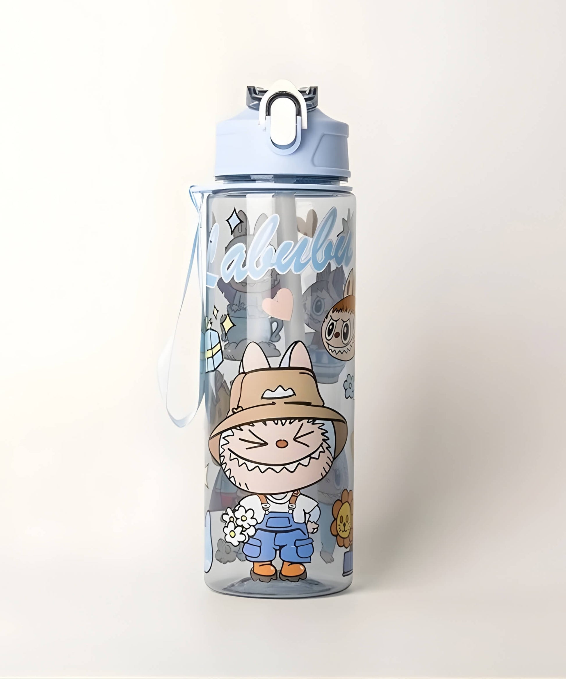 Charmazing Labubu style straw water bottle blue 750ml flip-top kids drink bottle cute character design
